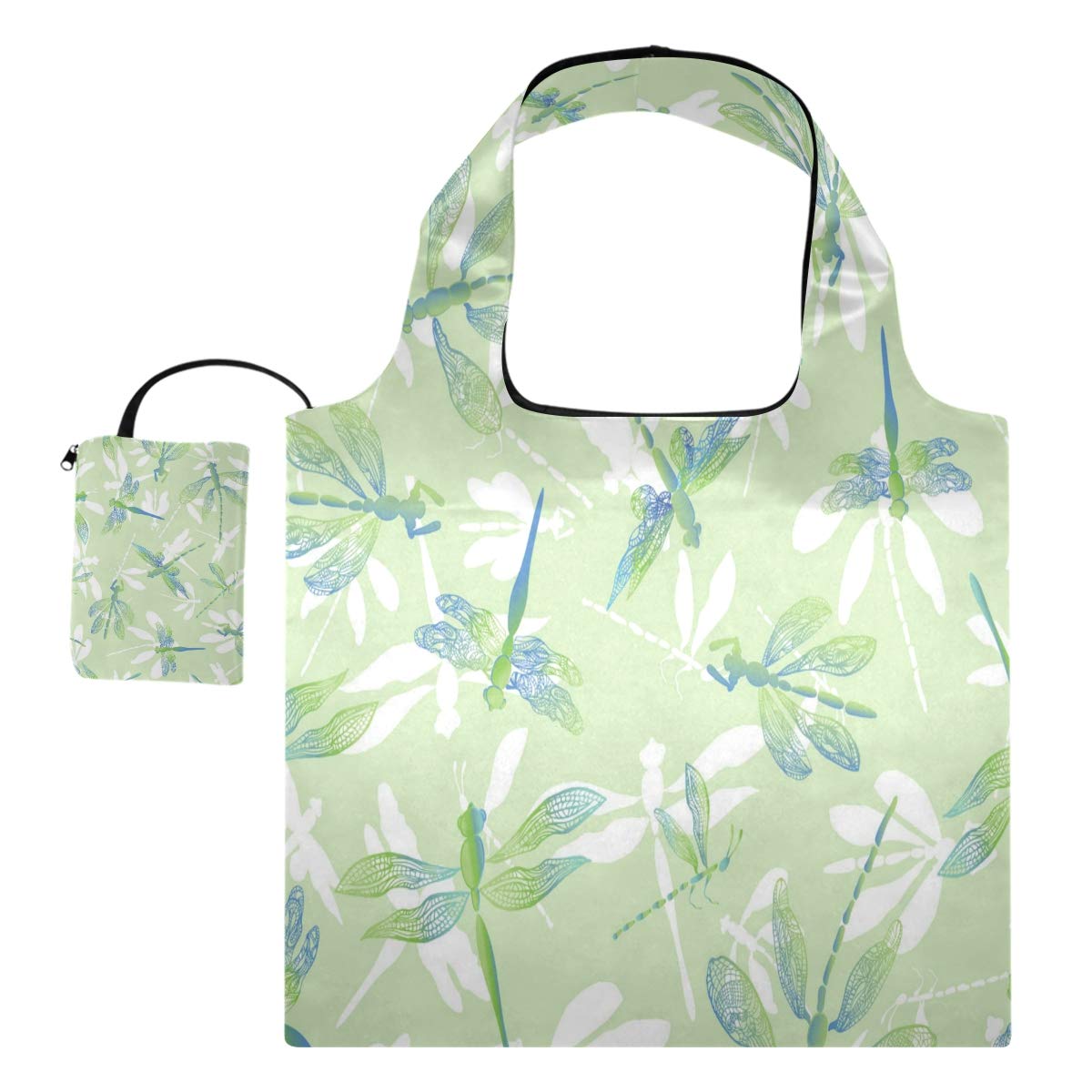 Blueangle Dragonfly Lace Design Reusable Grocery Bags - Large Foldable Shopping Tote with Long Handle, Eco-Friendly Produce Bag (Packs into Pouch) - Perfect for Farmers Markets, Grocery Shopping & Travel