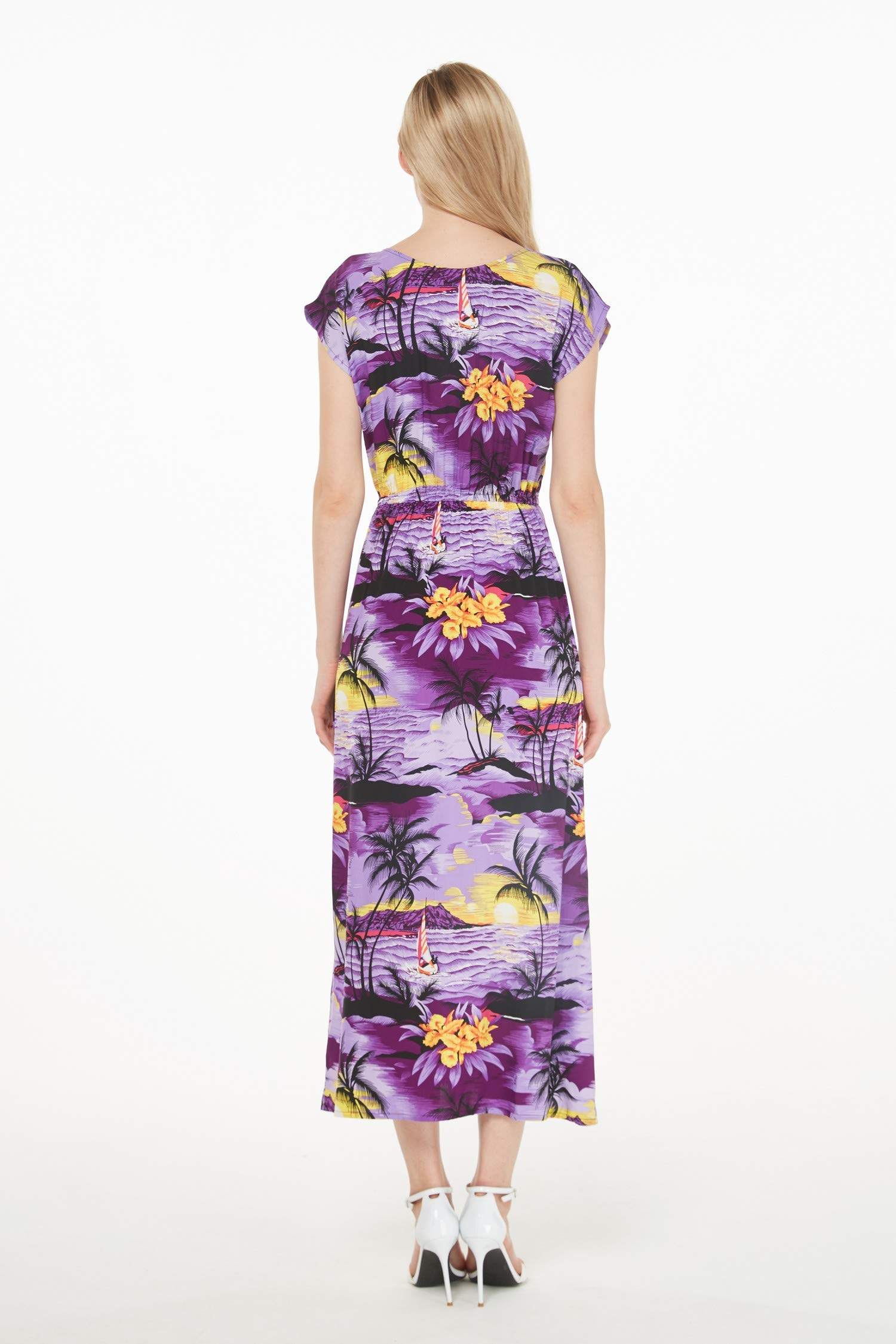 Women's Hawaiian Luau Cap Sleeve Maxi Dress - Floral Sunset Print Beach Party Dress for Summer Vacation, Luau Party & Tropical Getaway