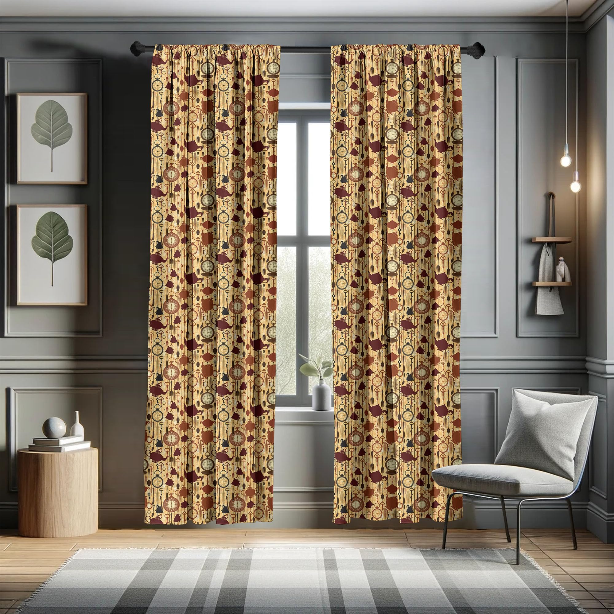 Ambesonne Victorian Style Tea Party Curtains - 2 Panel Set with Teacup, Forks & Spoons Print, 28