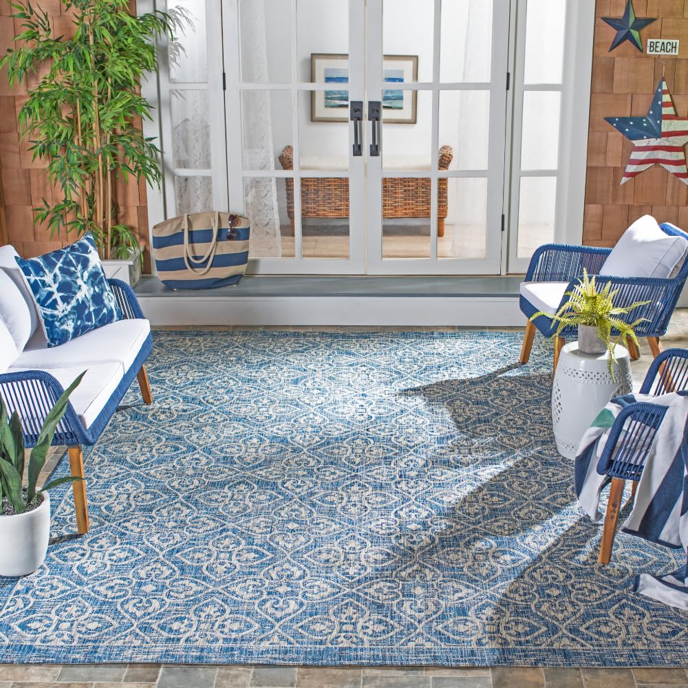 SAFAVIEH Courtyard Collection 8' x 11' Navy/Grey Indoor Outdoor Waterproof Rug - Easy to Clean, Stain Resistant for Patio, Backyard, Mudroom, Deck & Poolside (CY8066)