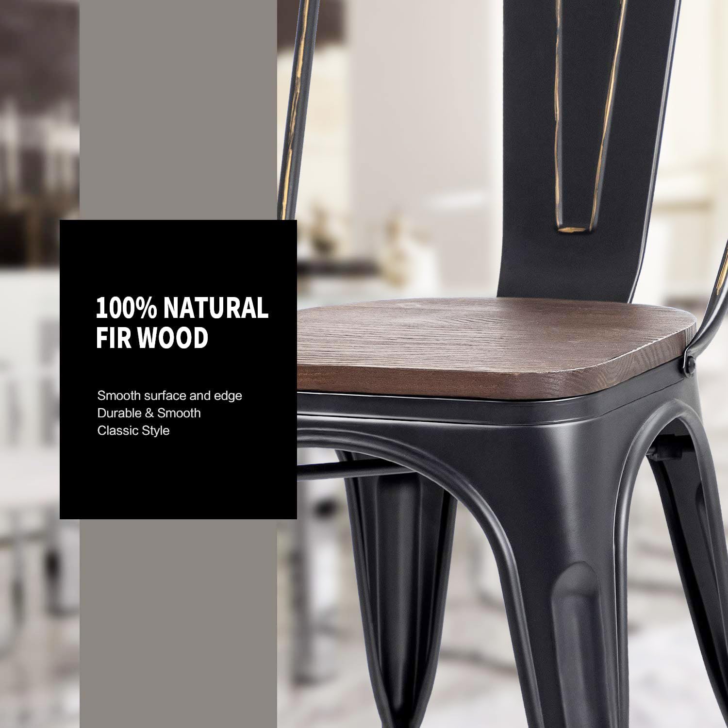 Furniwell 4-Piece Stackable Metal Dining Chairs with Wood Seat - Indoor/Outdoor Industrial Tolix-Style Chairs for Kitchen, Dining Room, Bistro & Cafe - Black Gold Finish | Perfect for Home, Restaurant & Patio Use