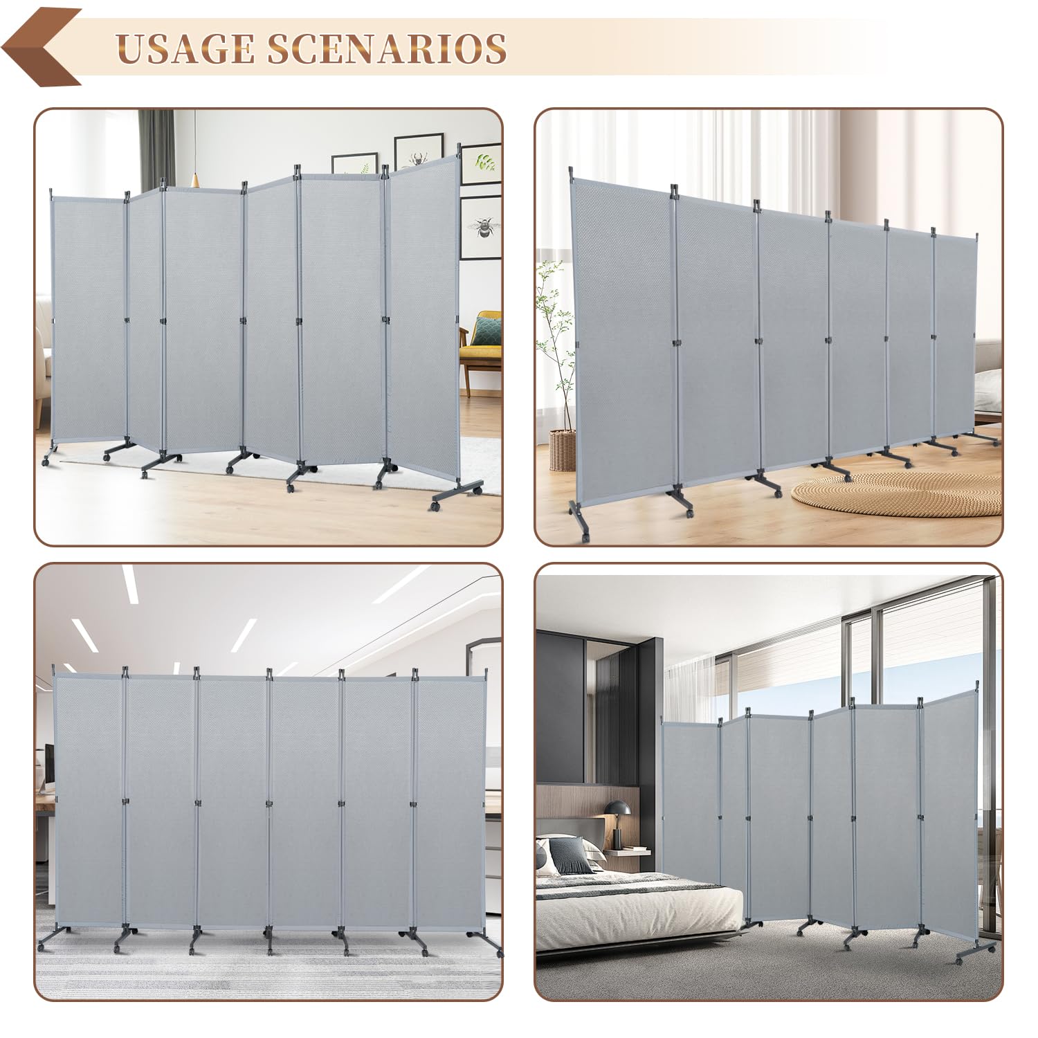 6-Panel Room Divider Screen with Wheels - Portable Freestanding Partition Wall for Studio, Office & Home Decoration - Grey Space Separator for Privacy, Room Division & Interior Design