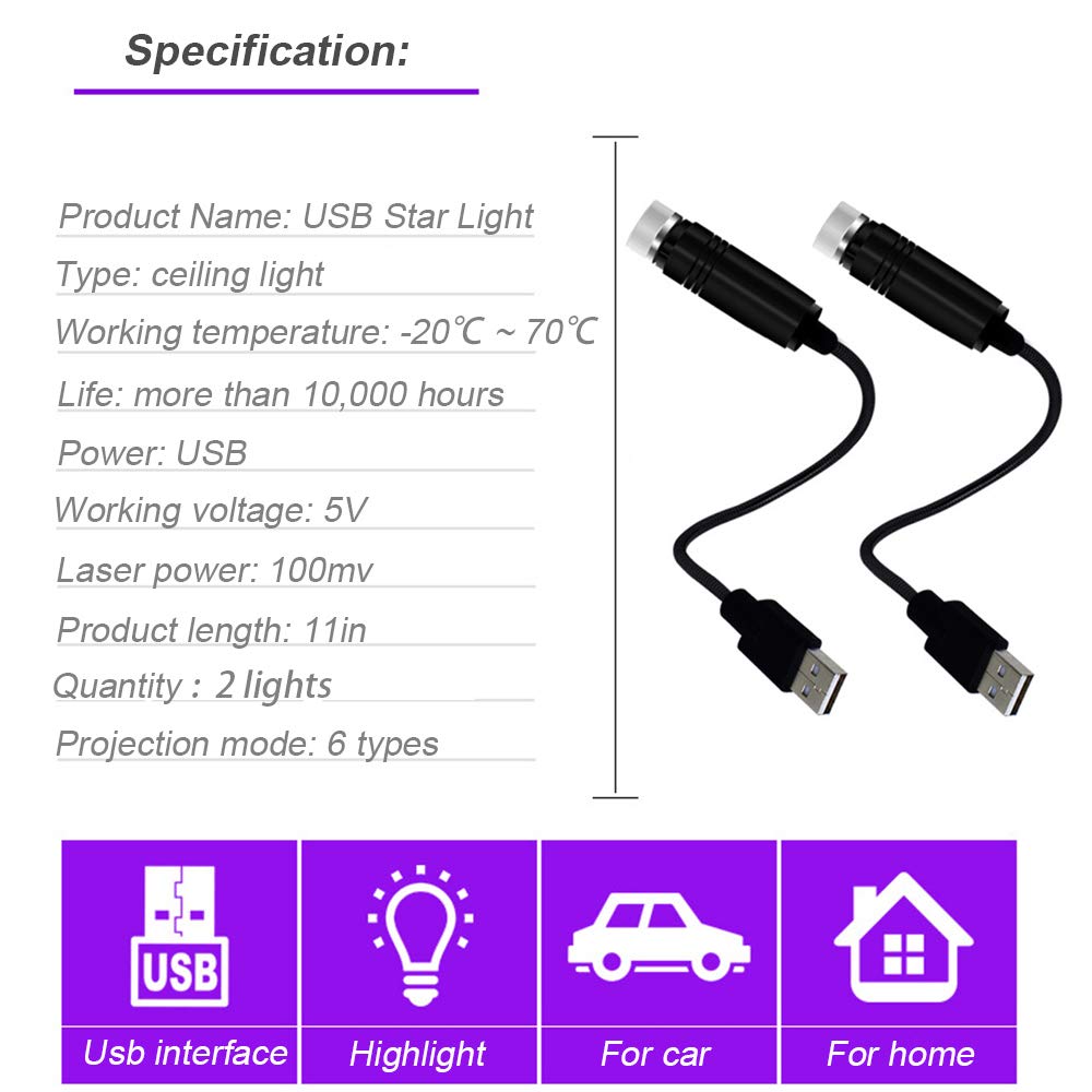 USB Night Light with Star Projector - 2 Pack, Bendable Car Interior Lights for Bedroom, Ceiling & Party Decor - Perfect for Kids Room, Camping & Relaxation
