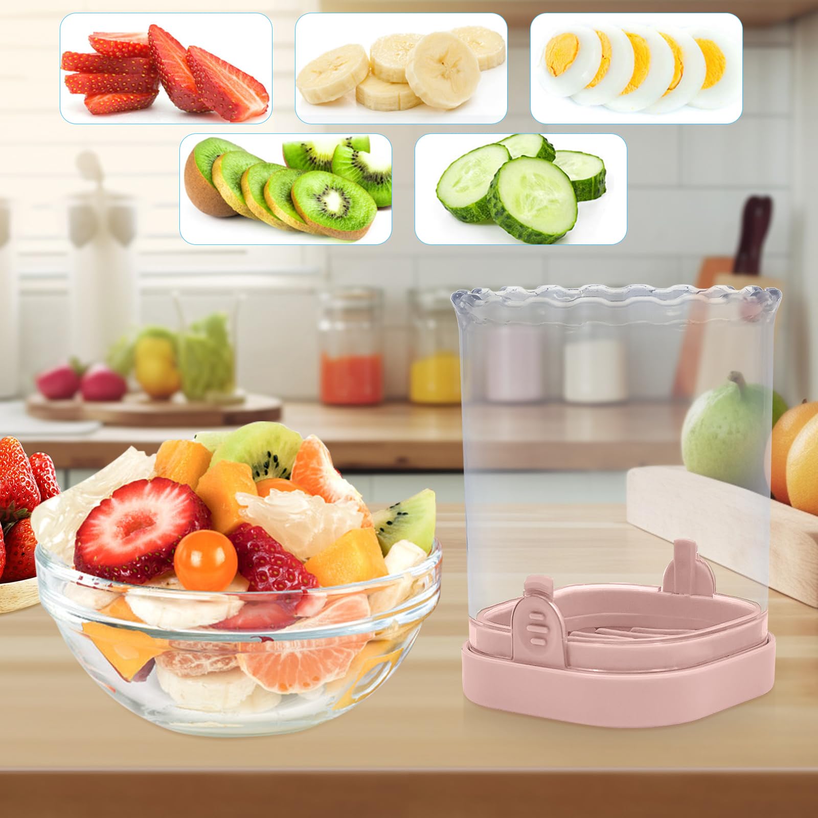 Premium Stainless Steel Fruit & Vegetable Slicer Cup - Efficient Strawberry, Banana, Egg Cutter with Push Plate - Kitchen Gadget for Smoothies, Salads & Meal Prep (Pink)