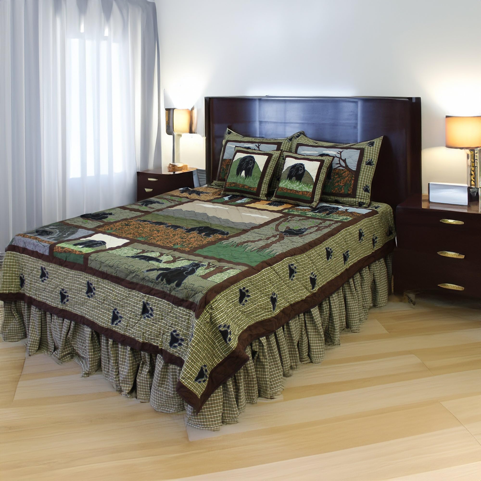 Hand-Cut Applique Bear Design Queen Size Quilt Set - 4 Piece Cotton Bedding (85