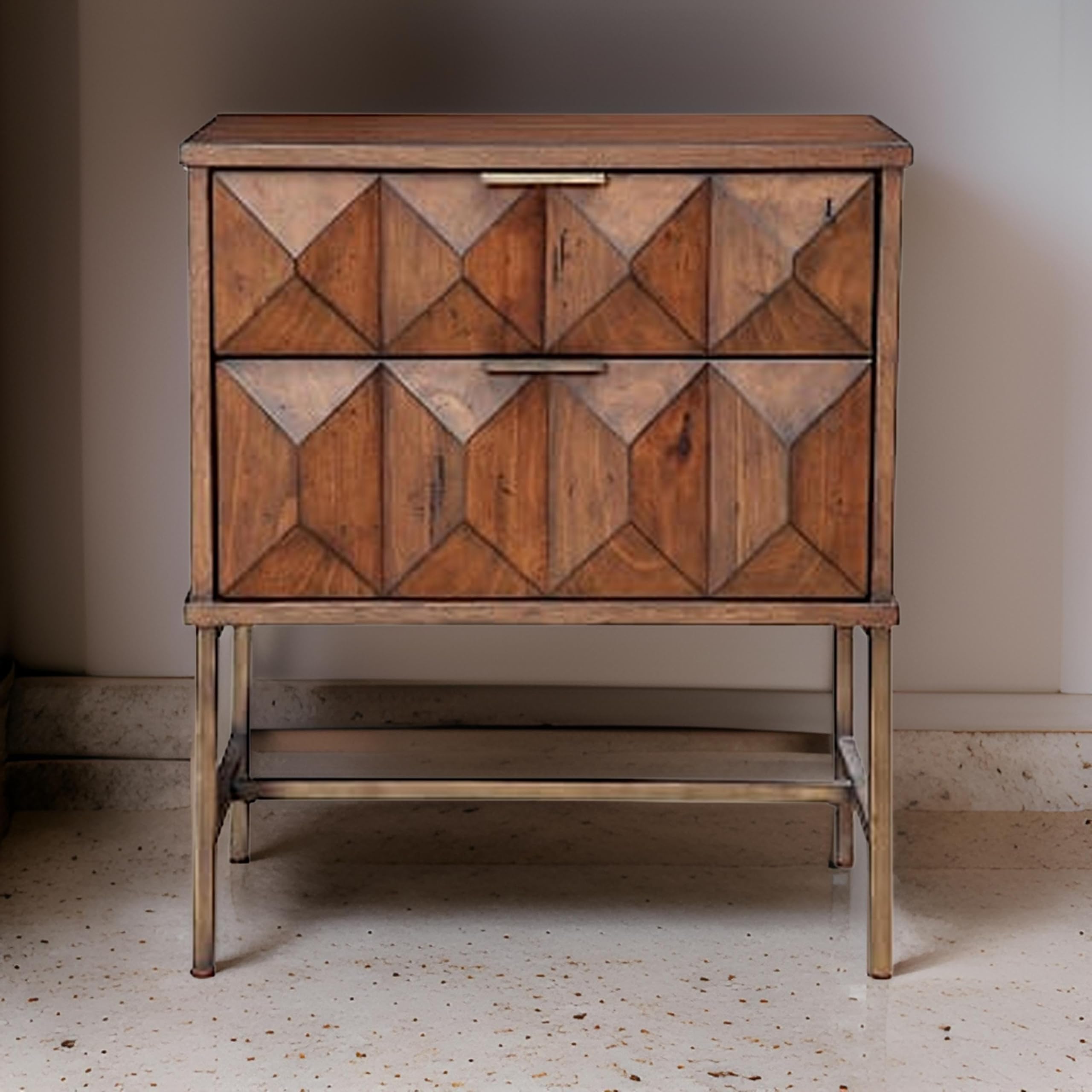 Benjara 2 Drawer Nightstand with Honeycomb Design & Metal Legs - Brown Wooden Bedside Table for Bedroom, Living Room, or Office - Perfect for Storage & Home Decor