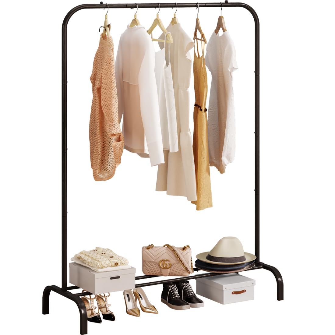 Heavy Duty Portable Garment Rack with Metal Shelf - Clothes Hanging Rack for Drying Coats, Shirts & Wardrobe Organization - Perfect for Laundry Room, Closet & Small Spaces (Black)