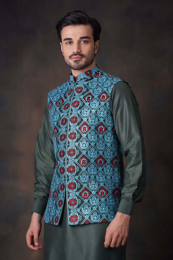 Stylish Emerald Green Waistcoat with Multi-Color Embroidery Accents - Perfect for Weddings, Parties & Formal Events