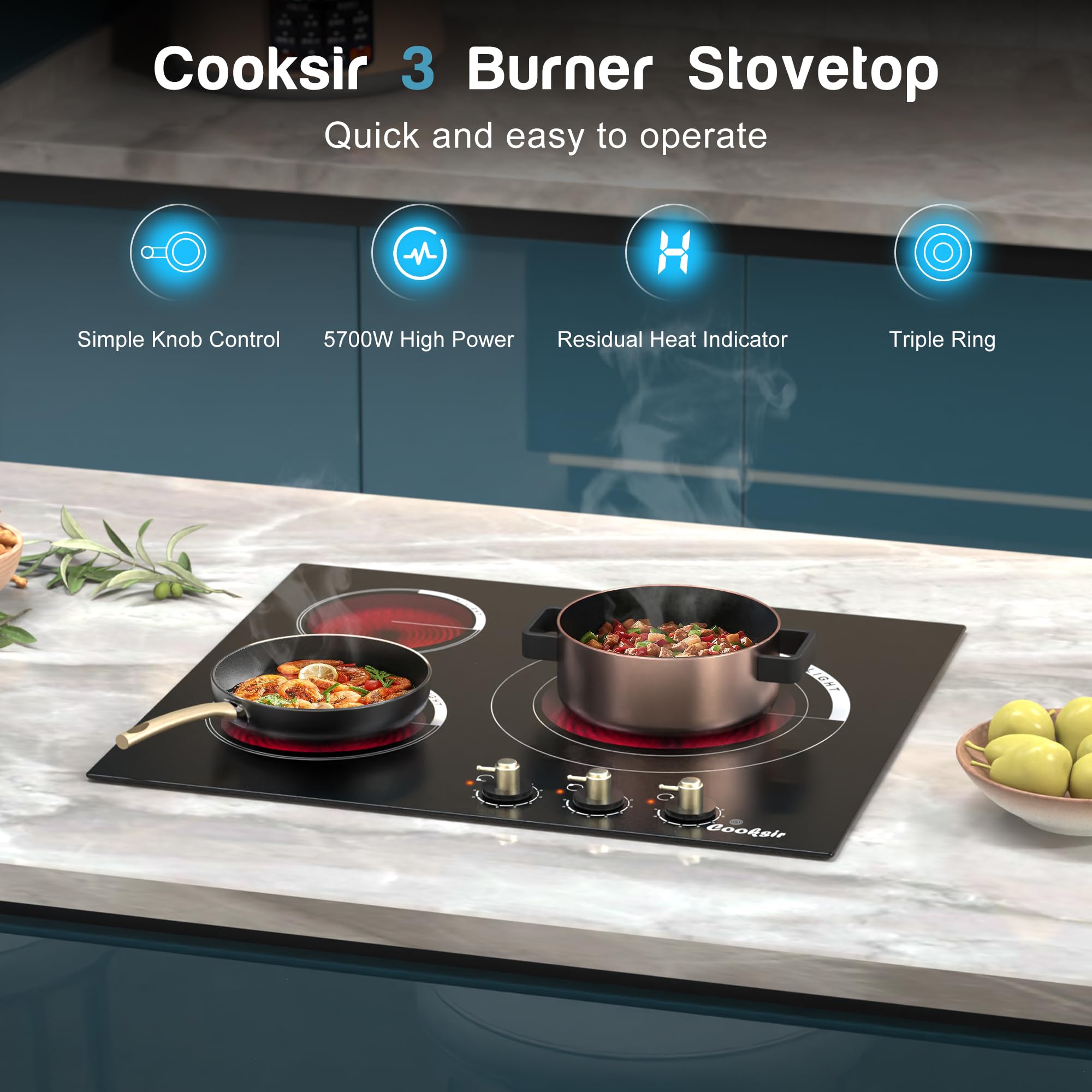 24 Inch Electric Cooktop - 3 Burner Built-in Stove Top 5700W with 9 Heating Levels | Knob Control & Over-Temperature Protection | 220-240V Hard Wired (No Plug) | Perfect for Home Kitchen, RV & Small Spaces