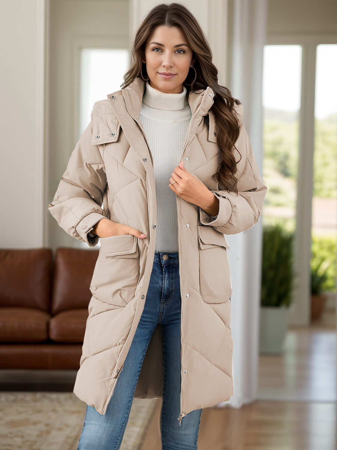 Men's Long Sleeve Longline Hooded Winter Coat with Pockets - Warm Fleece Lined Jacket for Cold Weather Outdoor Activities