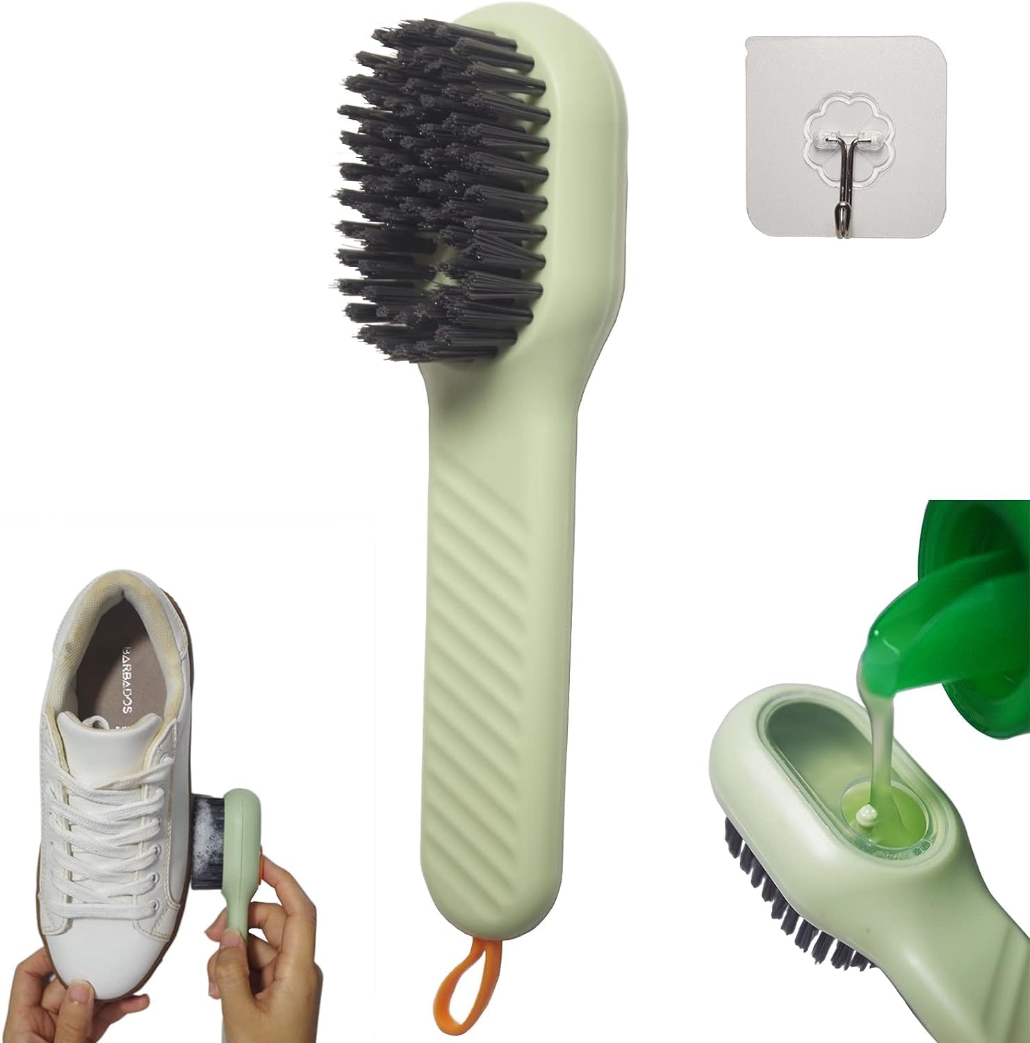 Multifunctional Liquid Shoe Brush with Soap Dispenser - Long Handle Press-Type Cleaner with Refillable Liquid Cartridge (Pack of 1) - Perfect for Sneakers, Boots & Leather Shoes Cleaning at Home or On-The-Go