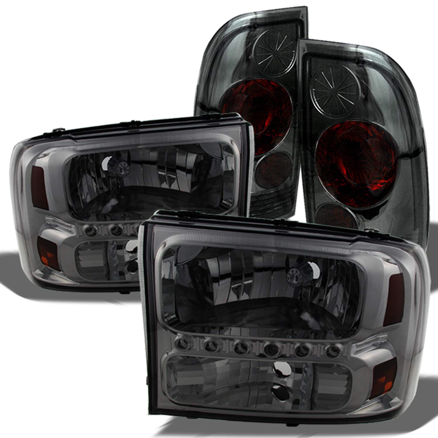 AKKON Smoke LED Headlights & Tail Lights Combo for 1999-2004 Ford F250 F350 F450 F550 Super Duty - Durable Replacement with Signal Lamps for Off-Road, Night Driving & Truck Customization