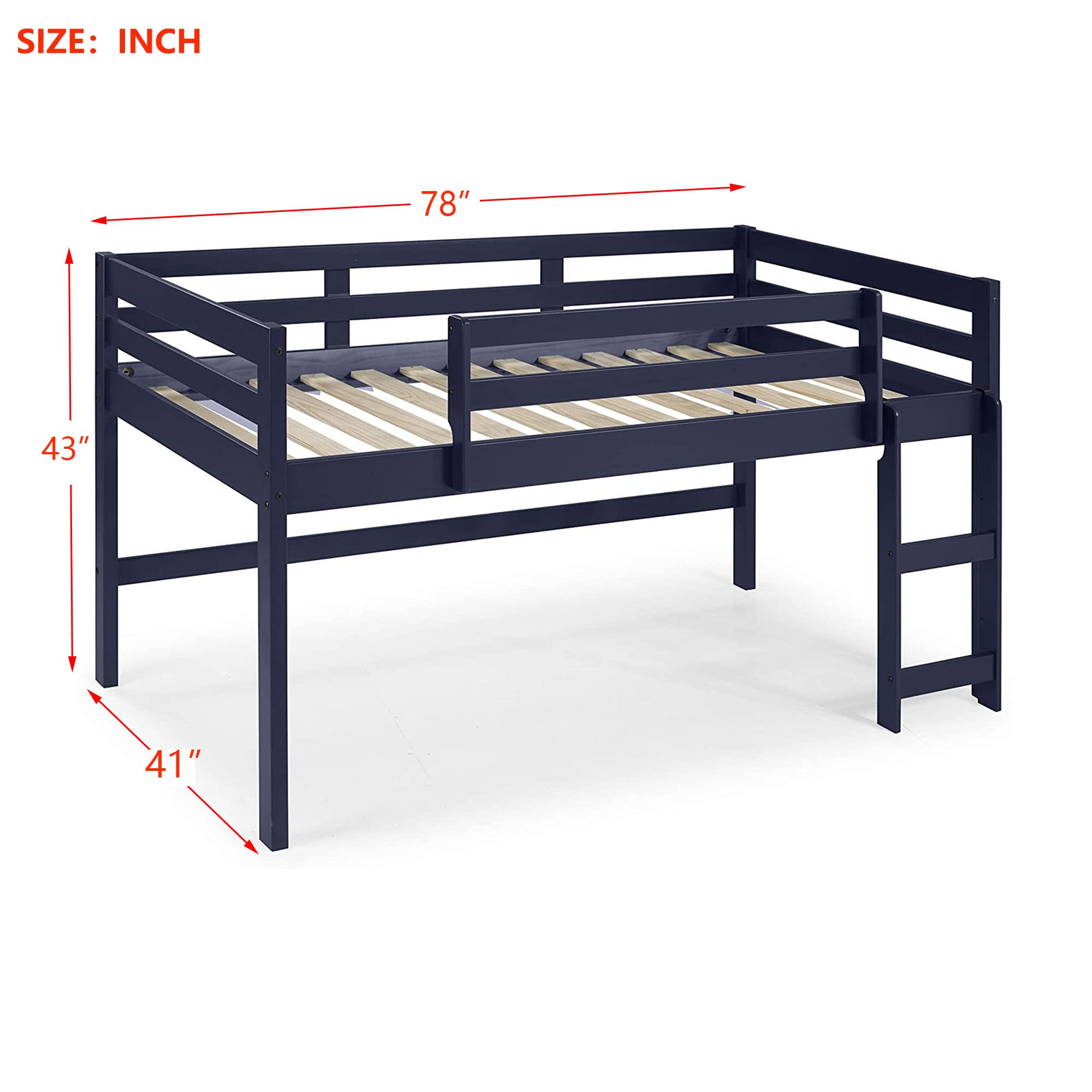 Harper & Bright Designs Low Loft Bed Twin Size Wooden Loft Bed Frame with Ladder for Kids, Navy Blue - Perfect for Small Bedrooms, Kids' Rooms & Space-Saving Solutions