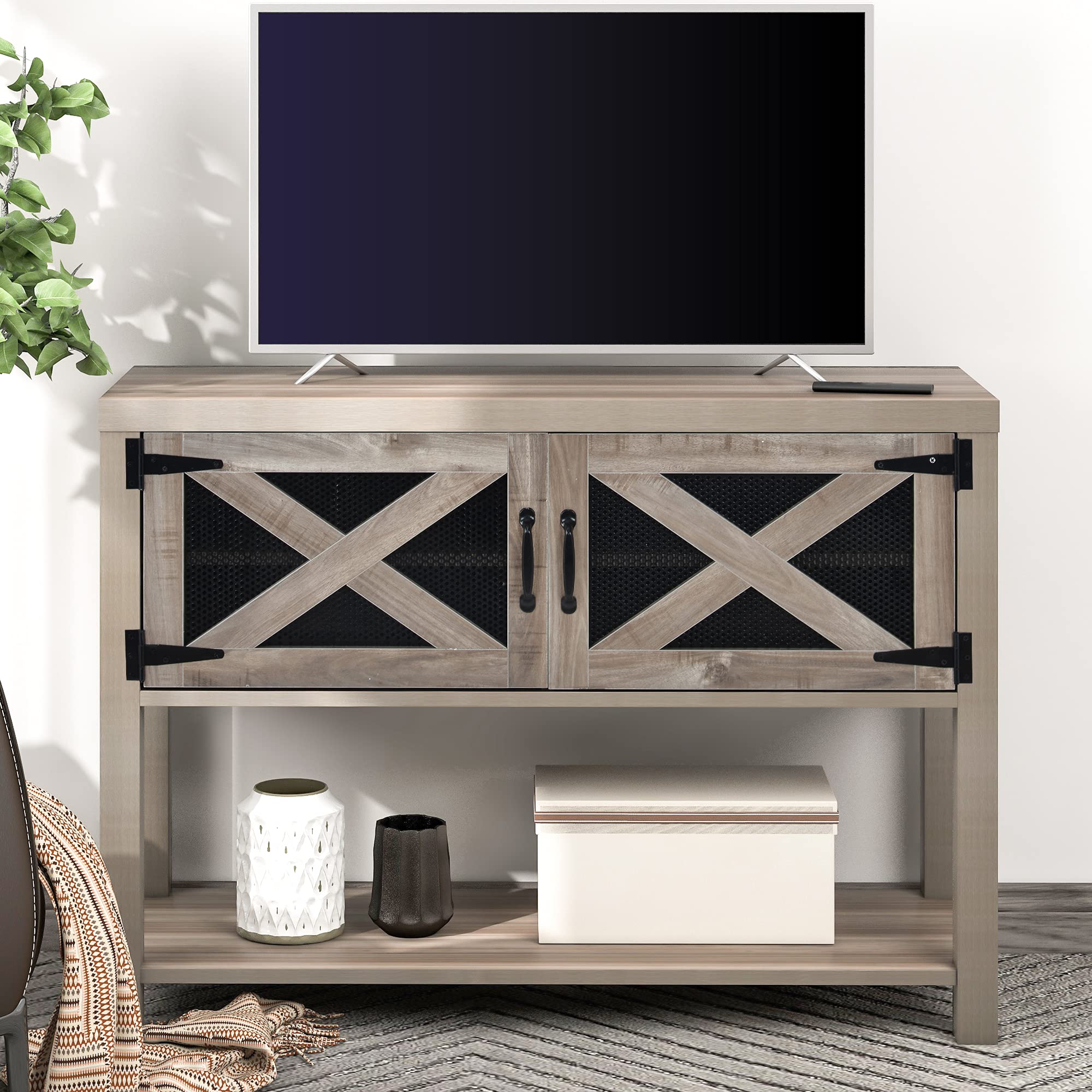 SOONHUA 44 Inch TV Stand with Storage - Industrial Farmhouse Style TV Console with Cabinets & Shelves for TVs Up to 39 Inches - Grey Entertainment Center for Living Room, Bedroom, or Home Theater