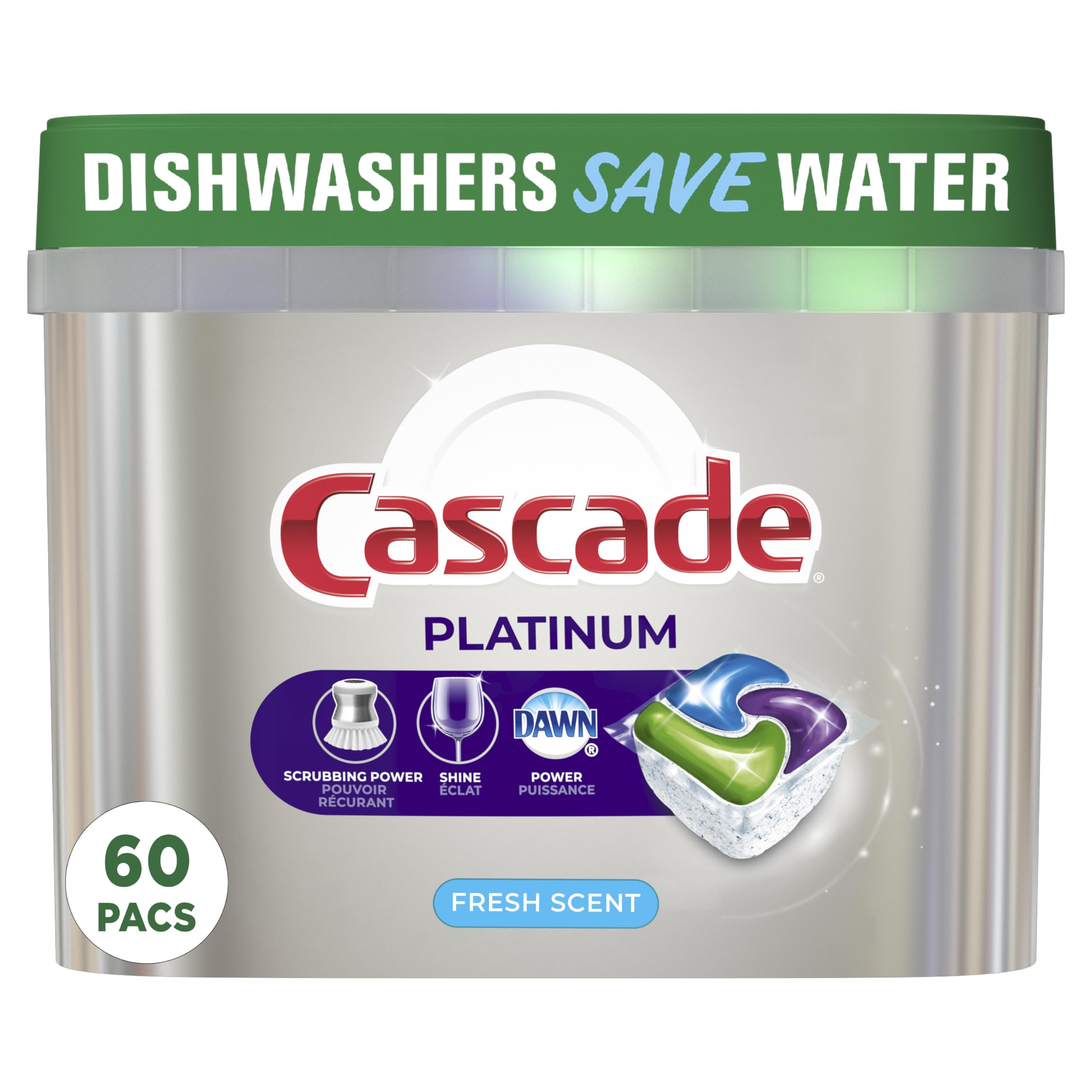 Cascade Platinum Dishwasher Detergent Pods - Fresh Scent, 60 Count | Powerful Cleaning for Tough Stains | Perfect for Daily Dishwashing & Heavy Loads