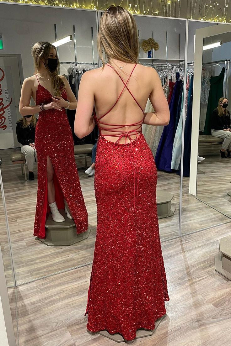 Elegant Backless Sheath Red Sequin Long Prom Dress J3158 - Perfect for Homecoming, Evening Gala & Formal Events
