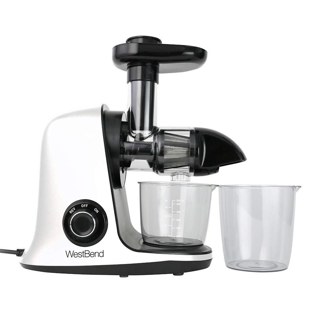 West Bend Cold Press Masticating Juicer - 150W Quiet Motor with Anti-Clog & Reverse Function for Nutrient-Rich Juices - Perfect for Fruits, Vegetables, Leafy Greens - Ideal for Healthy Breakfasts, Detox Drinks & Family Nutrition - White