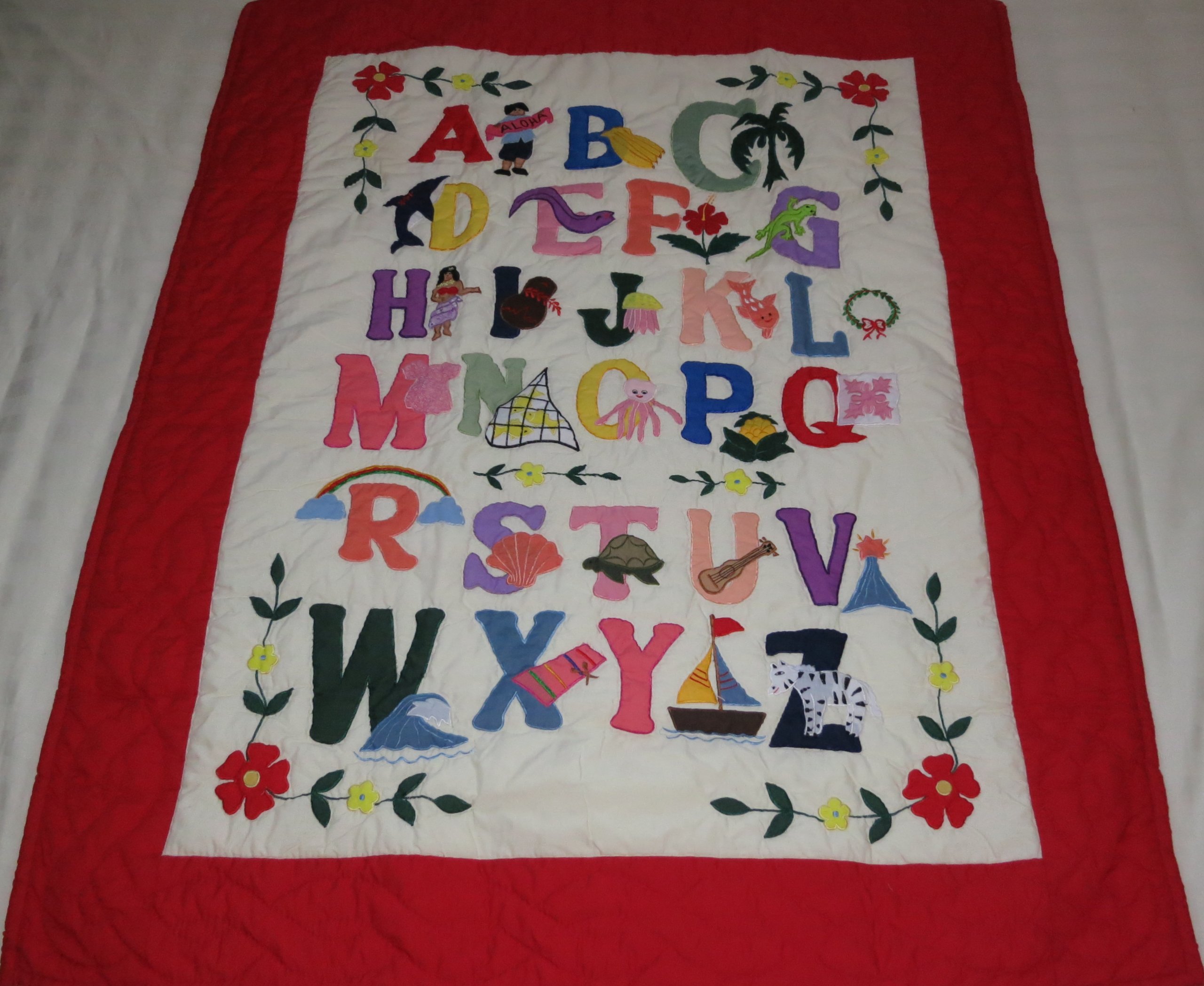 Hawaiian Style Quilt ABC Comforter Baby Blanket - Hand Quilted, Hand Appliqued & Machine Embroidered - Soft Nursery Bedding, Wall Hanging Decor for Baby Shower Gift & Home Decoration
