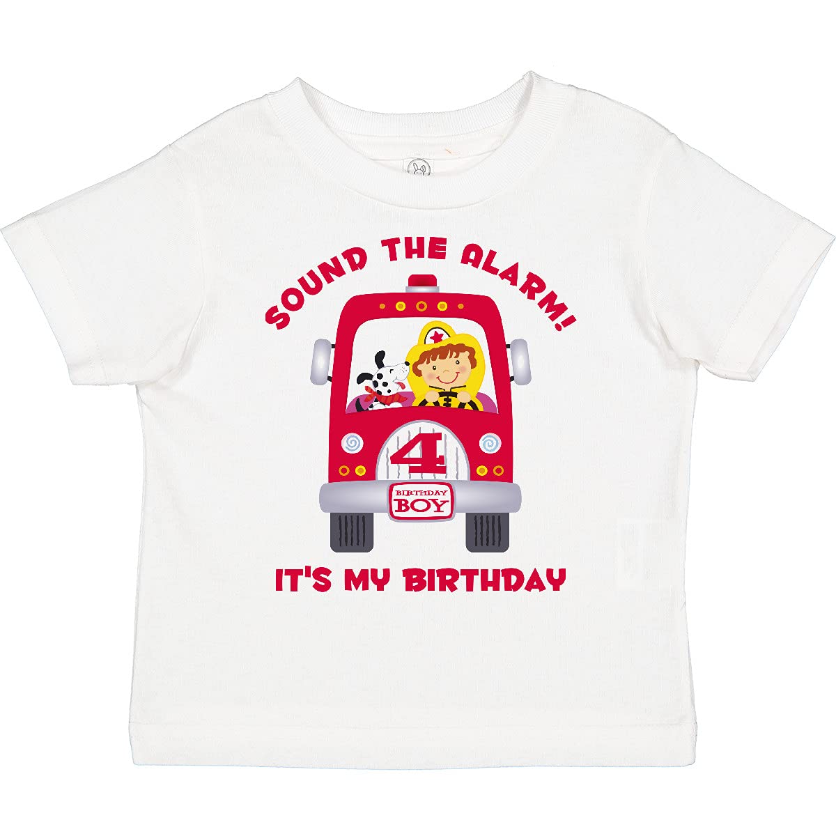 inktastic Fire Truck 4th Birthday Shirt for Boys - Toddler Graphic Tee for Firefighter Theme Parties & Casual Wear