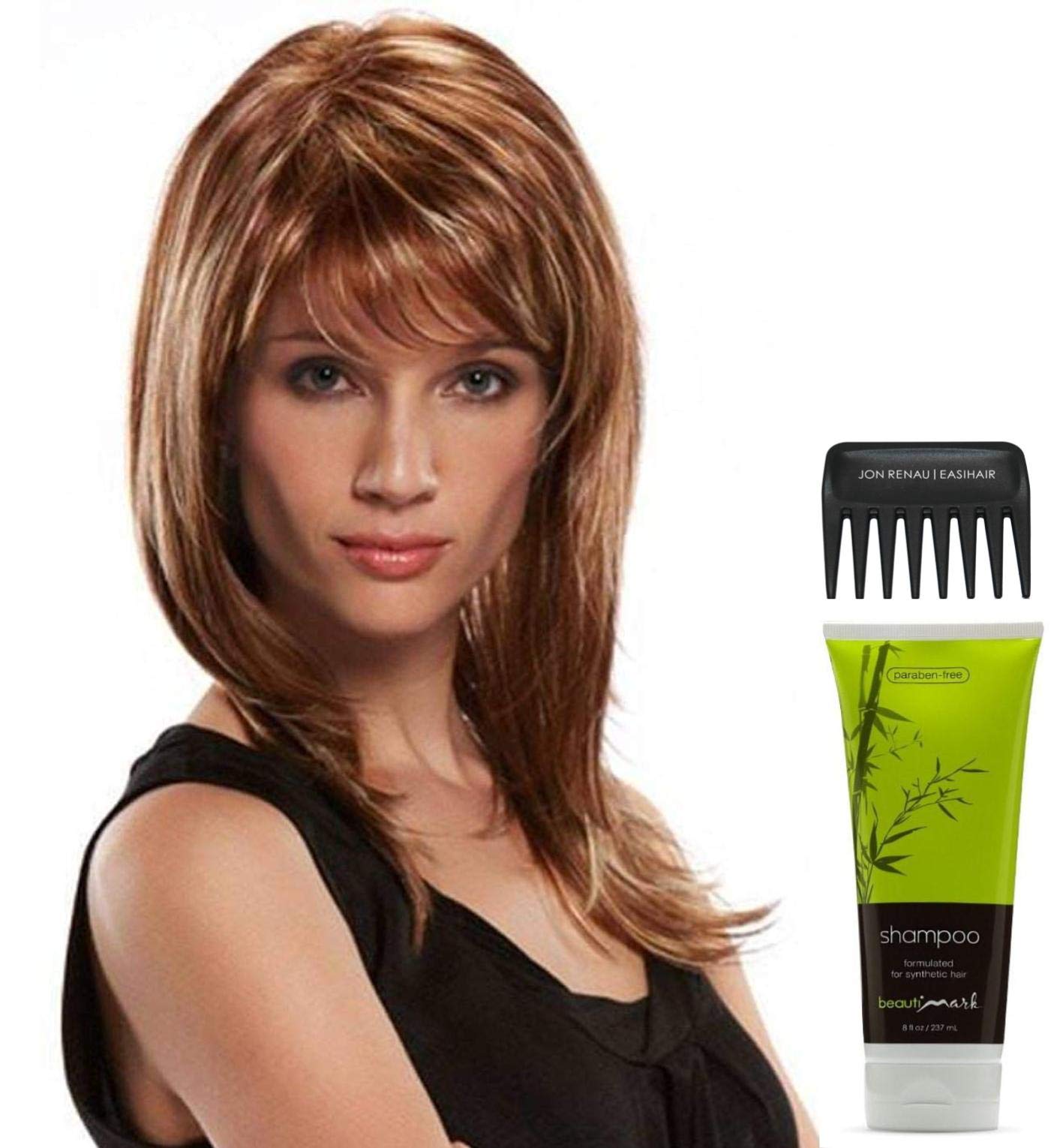 Jon Renau Angelique Large Wig Bundle - 4 Items Including Synthetic Shampoo & Wide Tooth Comb (Color 6F27) | Perfect for Cosplay, Daily Wear & Hair Loss Solutions