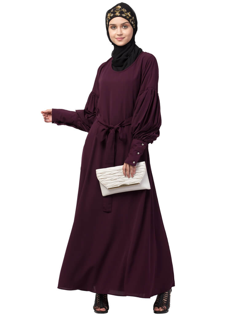 Elegant Arabic Long Cuff Full Balloon Sleeve Belted A-Line Abaya Dress in Wine Red - Perfect for Modest Fashion, Islamic Occasions & Special Events