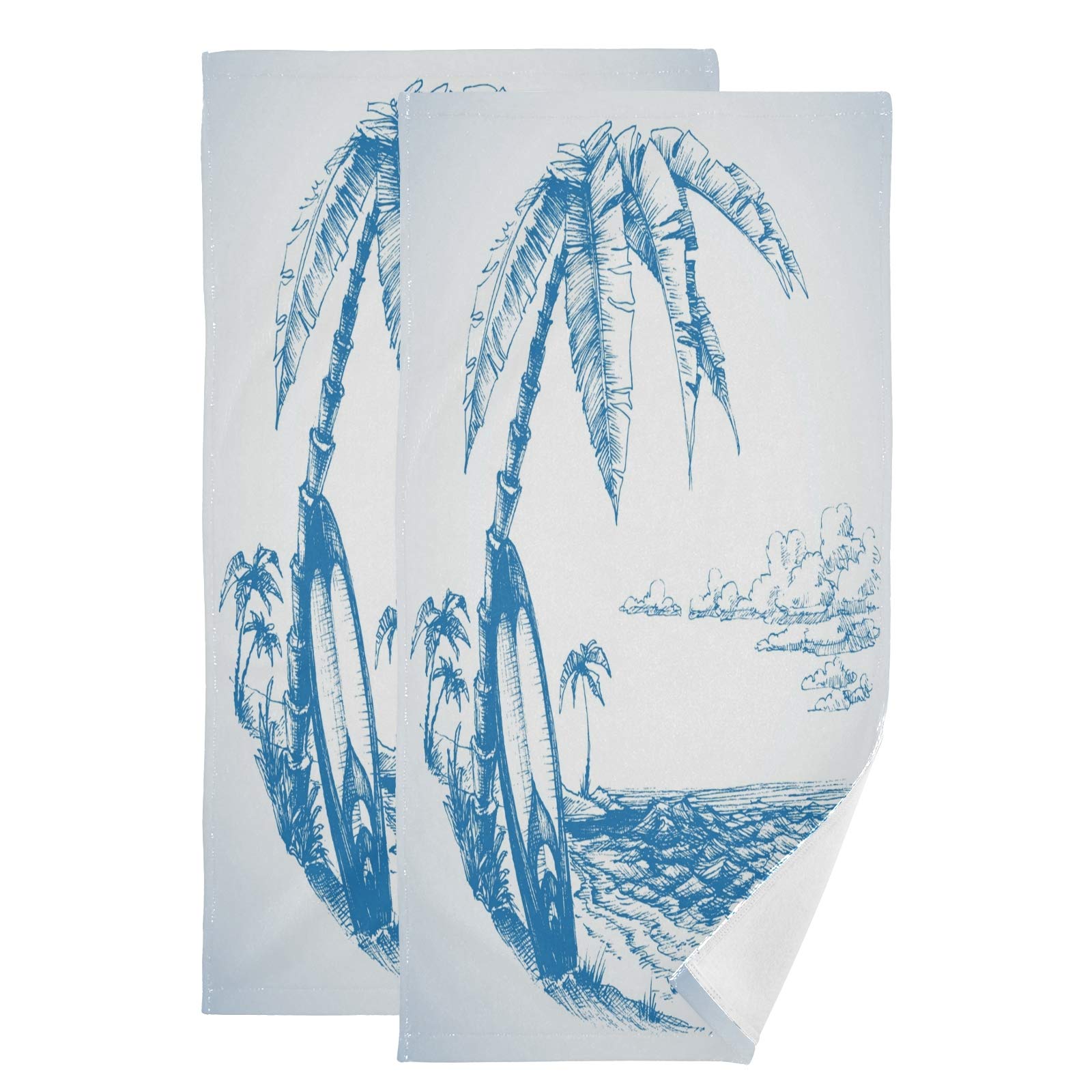 Premium 2-Piece Surfboard Palm Tree Hand Towels - Soft Absorbent Bath, Gym & Spa Towels (28.3