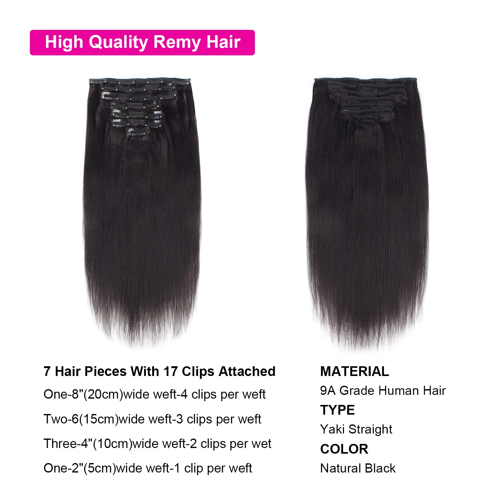 12 Inch Thick Yaki Straight Clip-in Human Hair Extensions - 120g 7-Piece Set with 17 Clips for Black Women | Natural Black Double Weft Real Human Hair | Perfect for Daily Styling, Parties & Special Occasions