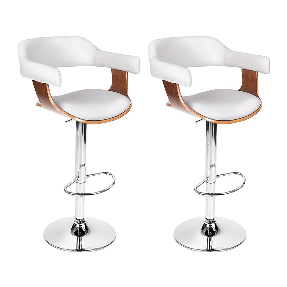 Adjustable Height Bar Stools with Gas Lift Mechanism - White Leather Upholstery & Armrests - Perfect for Kitchen Islands, Breakfast Bars & Home Bars