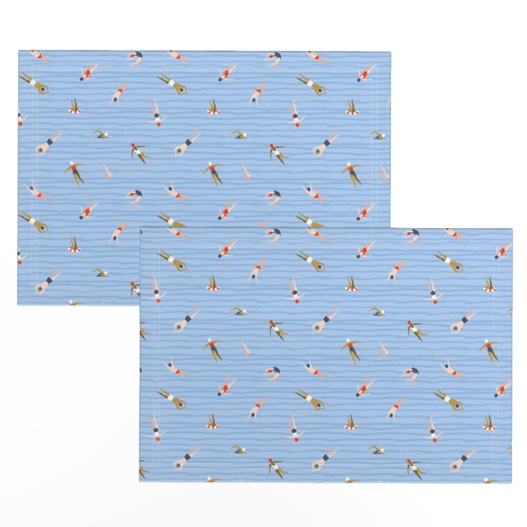 Premium Linen Cotton Canvas Placemats Set of 2 - Striped Swimwear Design with Ocean Wave Print, Washable Table Mats for Dining, Kitchen Decor, and Beach House Style