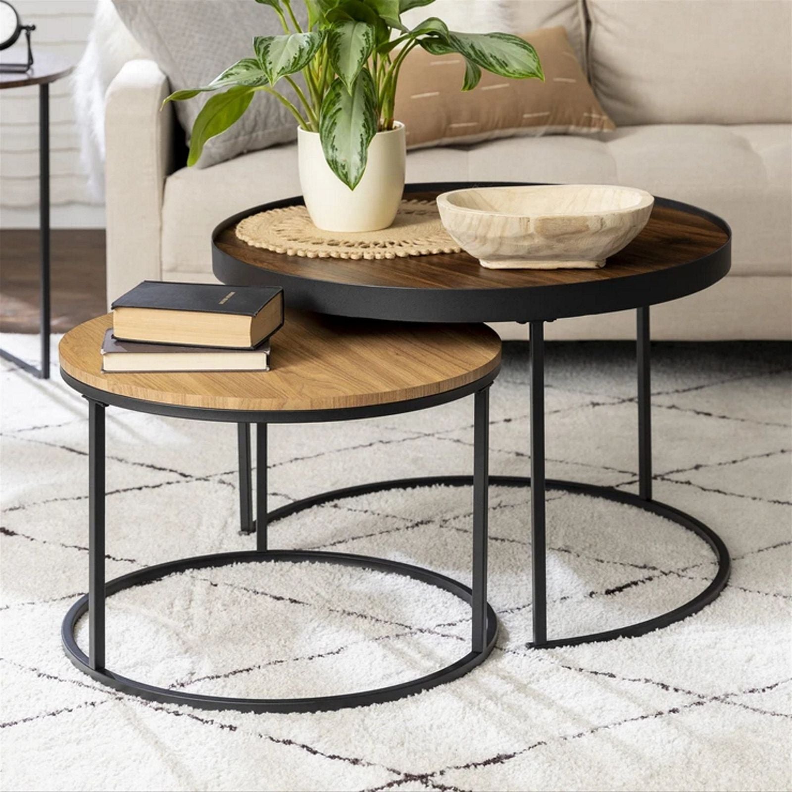 Modern Nested Coffee Table Set - Dark Walnut & English Oak Finish - Space Saving Living Room Furniture for Small Apartments & Cozy Homes