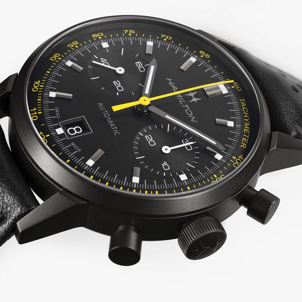 American Classic Intra Matic Automatic Chronograph Watch 40mm - Black PVD Case with Genuine Leather Strap & Yellow Accents | Perfect for Business Meetings, Formal Events & Everyday Wear