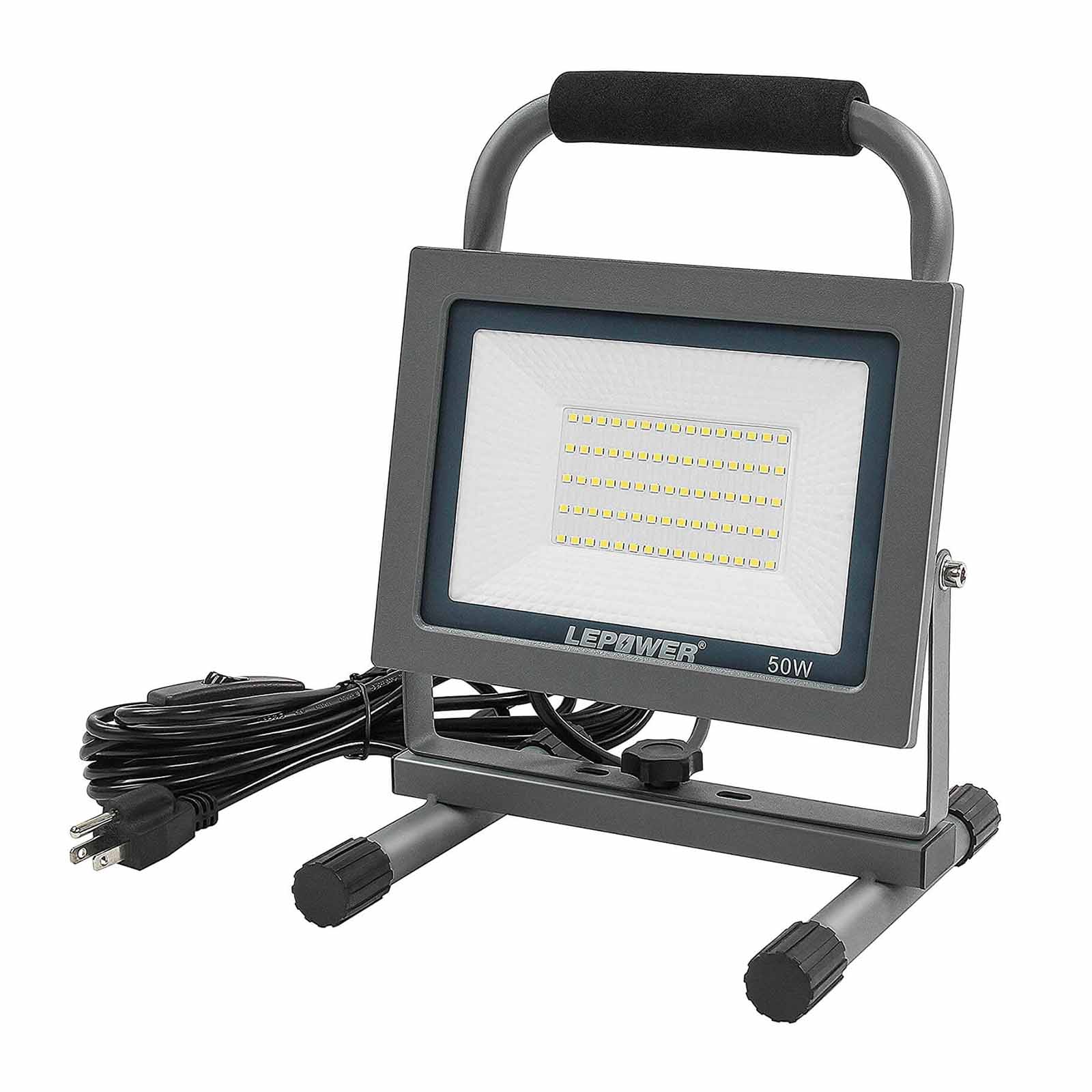 50W Portable LED Work Light with Adjustable Stand & Power Plug - Perfect for Garage, Construction, and Emergency Lighting