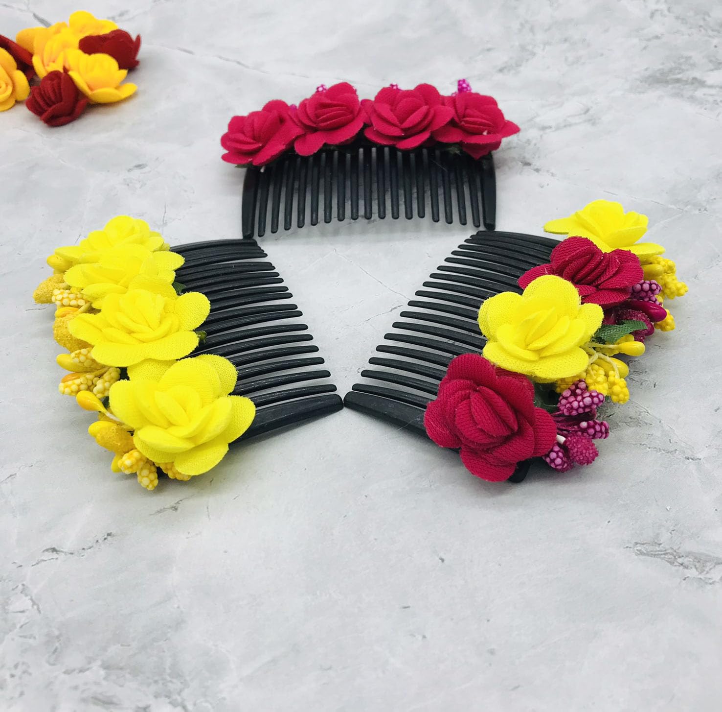 Arooman™ Artificial Flower Hair Side Comb - Women's & Girls' Hair Accessories - Yellow & Rani Pink Pack_03 - Perfect for Weddings, Parties & Everyday Wear