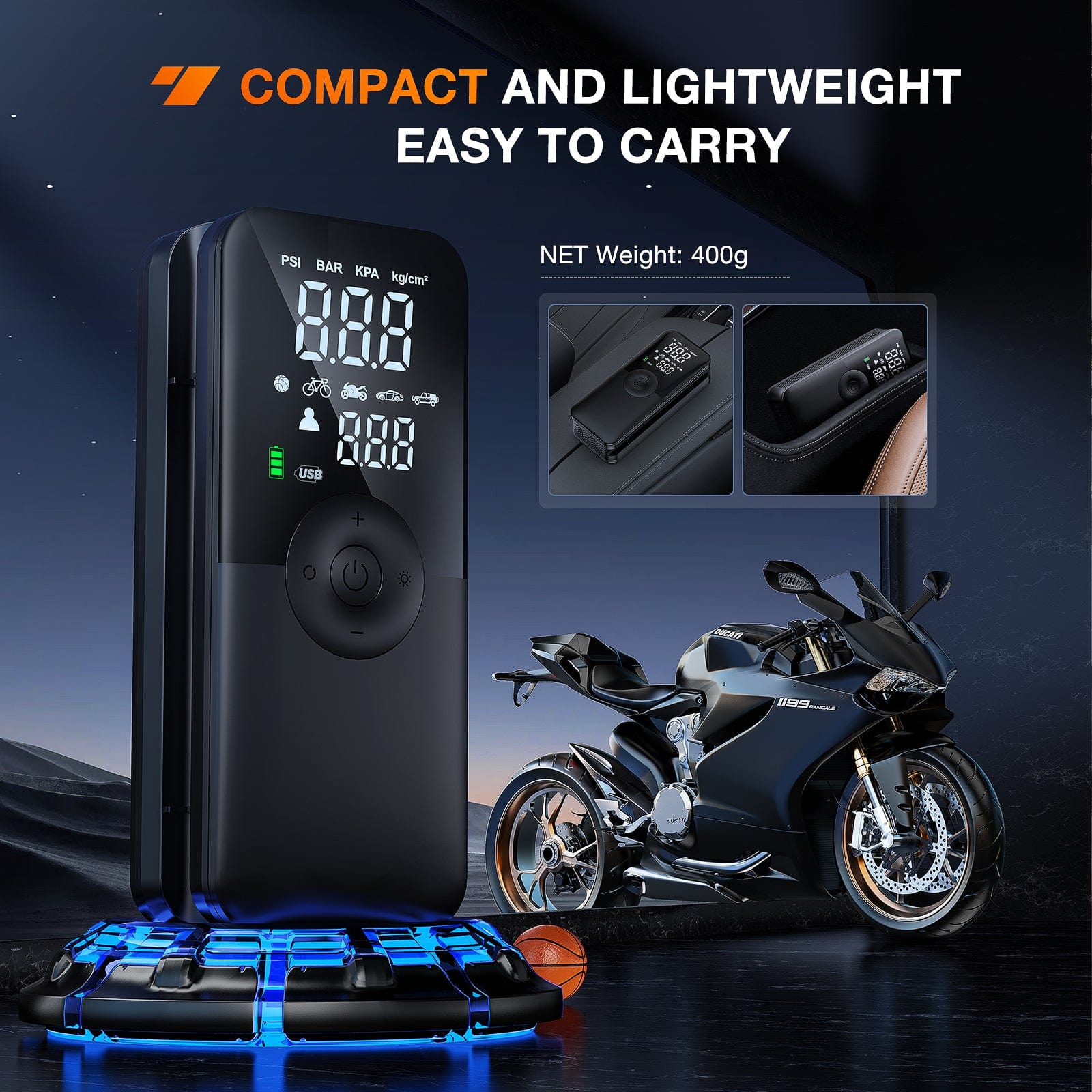 Portable Cordless Air Compressor for Car Tires - 150PSI Fast Inflation, Rechargeable Battery, Built-in Tire Pressure Gauge - Perfect for Road Trips, Emergency Flat Tires & Home Garage Use