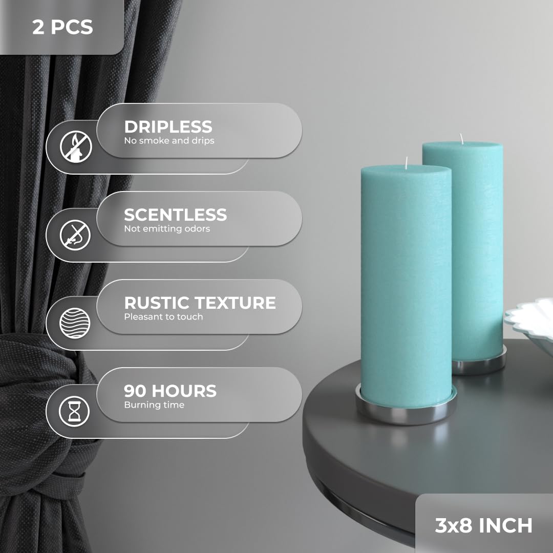 CANDWAX 3x8 Inch Pillar Candle Set of 2 - Unscented Non-Drip Decorative Rustic Candles for Weddings, Home Decor & Interior Design - Light Turquoise Candles for Centerpieces, Tablescapes & Romantic Ambiance