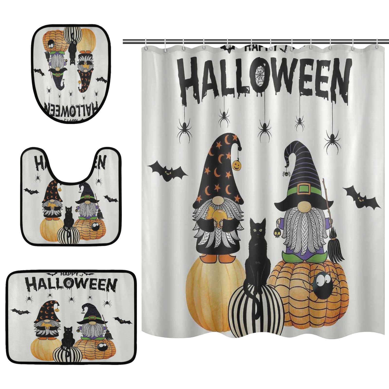 4 Pcs Halloween Pumpkin Shower Curtain Set with Non-Slip Bath Mat, Memory Foam Toilet Lid Cover & 12 Hooks - Waterproof Fabric Bathroom Decor 66