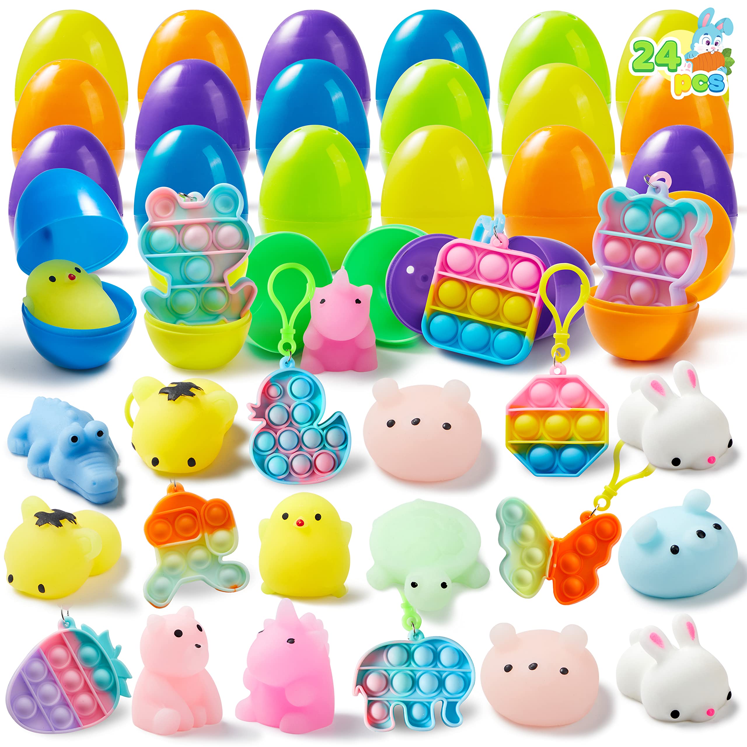 JOYIN 24-Piece Prefilled Easter Eggs with Assorted Toys - Includes Mochi Squishy Toys & Pop Bubble Fidget Keychains - Stress Relief Toys for Kids & Adults - Perfect for Easter Basket Stuffers, Party Favors, Easter Egg Hunt & Sensory Play
