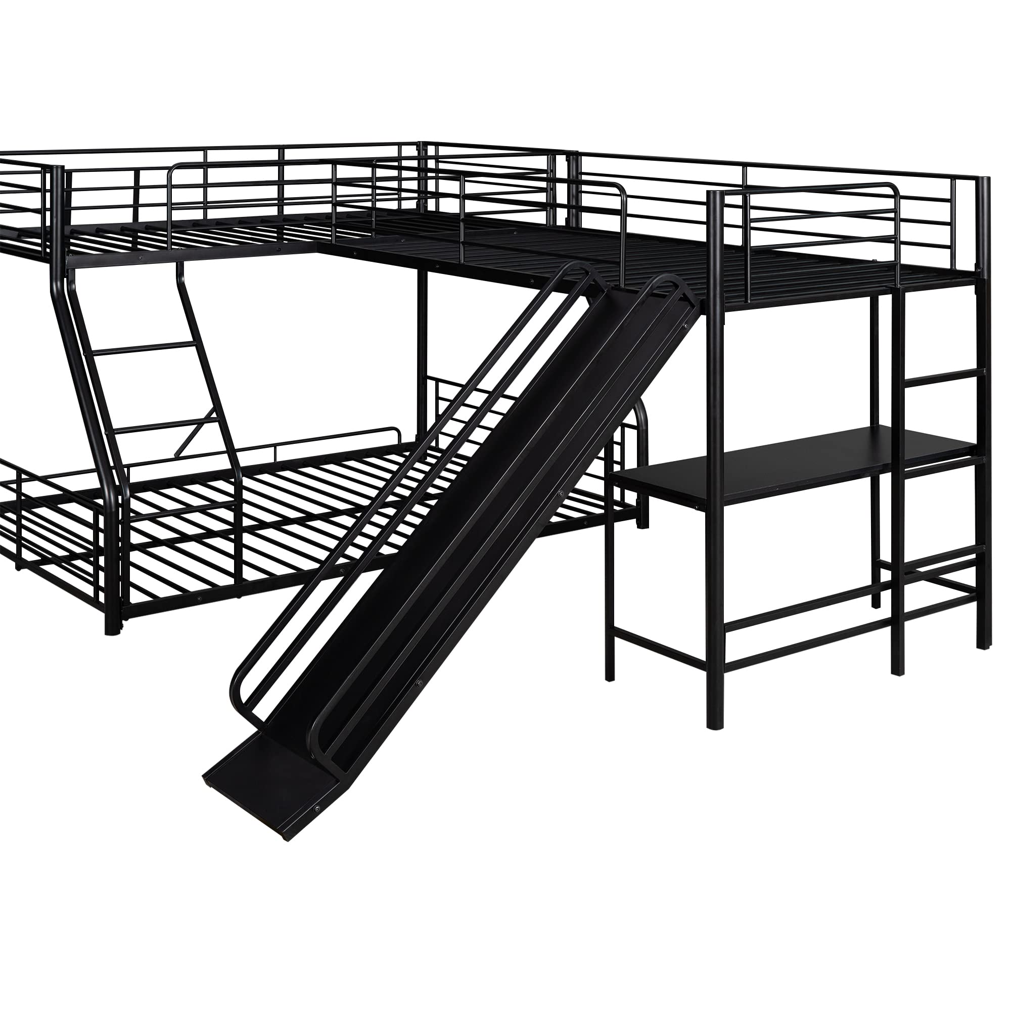 BOVZA L-Shaped Triple Bunk Bed - Twin Over Full Metal Bunk Beds for 3 Kids with Built-in Desk & Slide - Space-Saving Kids Bedroom Furniture for Small Rooms & Shared Spaces - Black
