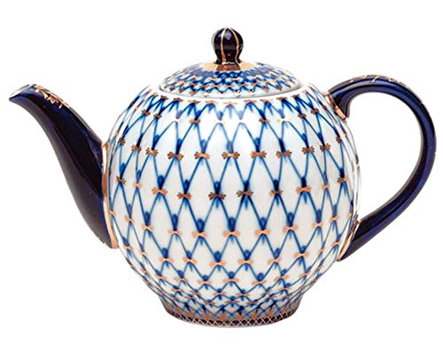 Lomonosov Porcelain 10-Cup Large Tea Pot 68 oz/2000 ml Cobalt Net - Elegant Russian Tea Set for Afternoon Tea & Formal Gatherings