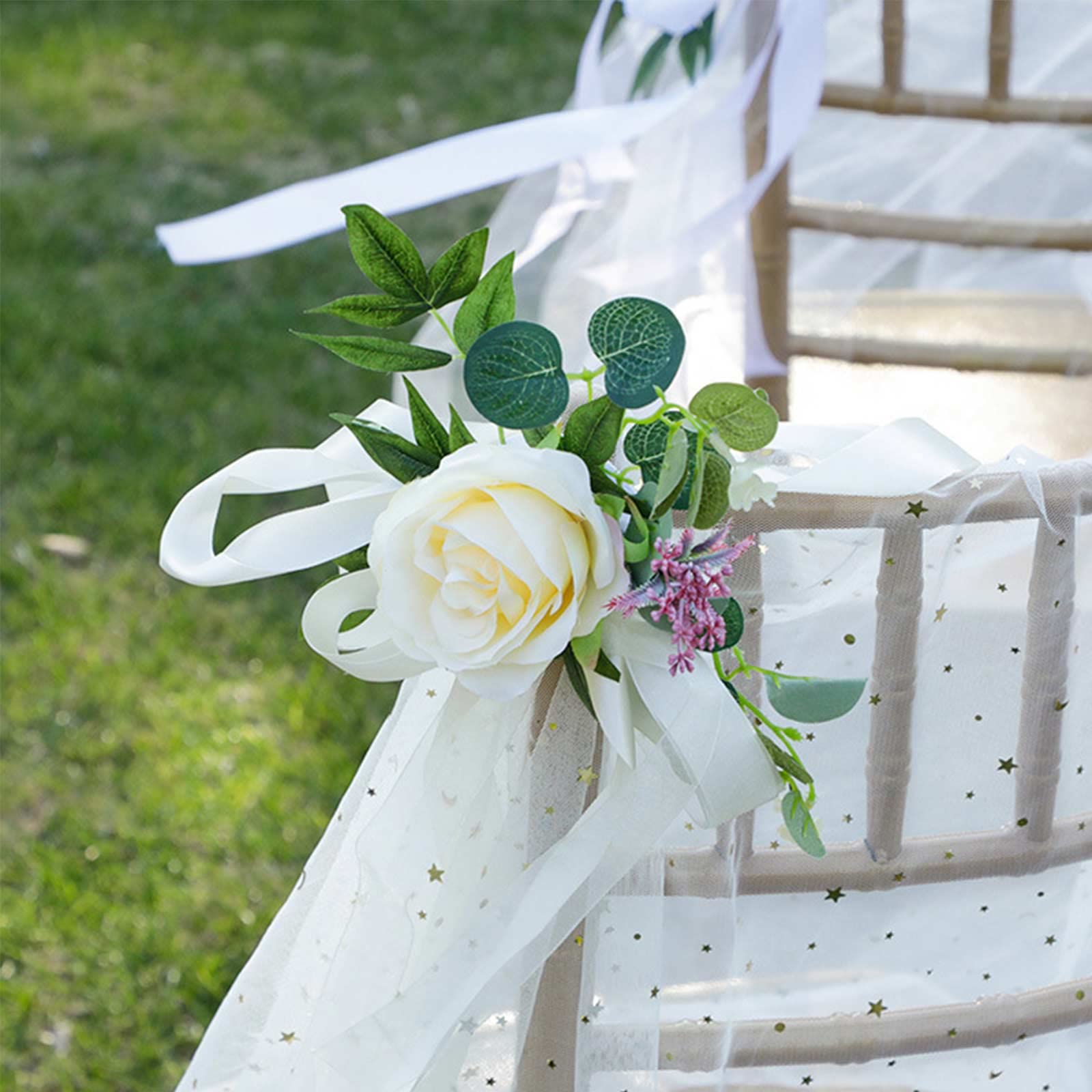 6-Pack Wedding Aisle Chair Decorations - Pink Artificial Rose Flower Swag with Ribbons for Church, Bench & Pew Bows | Perfect for Wedding Ceremony Decor, Bridal Showers & Romantic Events