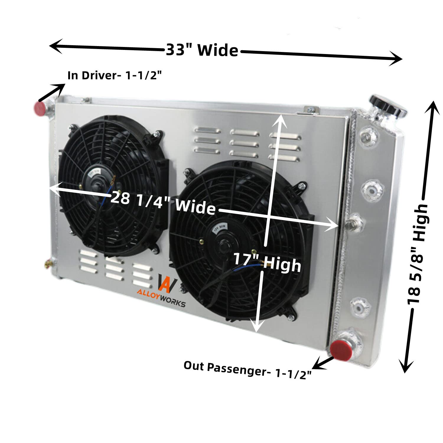 ALLOYWORKS CC161 Full Aluminum Radiator for 1971-1990 Chevy Suburban, 1971-1982 Cadillac, 1972-1980 GMC Pickup, 1972-1988 Oldsmobile - 3 Row High Performance Radiator with Shroud & 2x12