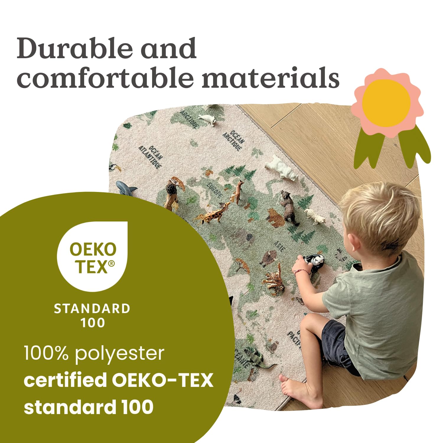 59 x 31 Inch World Map Educational Kids Carpet with Animals, Continents & Oceans - Soft Non-Slip Playmat Rug for Children's Bedroom, Nursery or Playroom - Perfect for Learning Geography & Fun Playtime