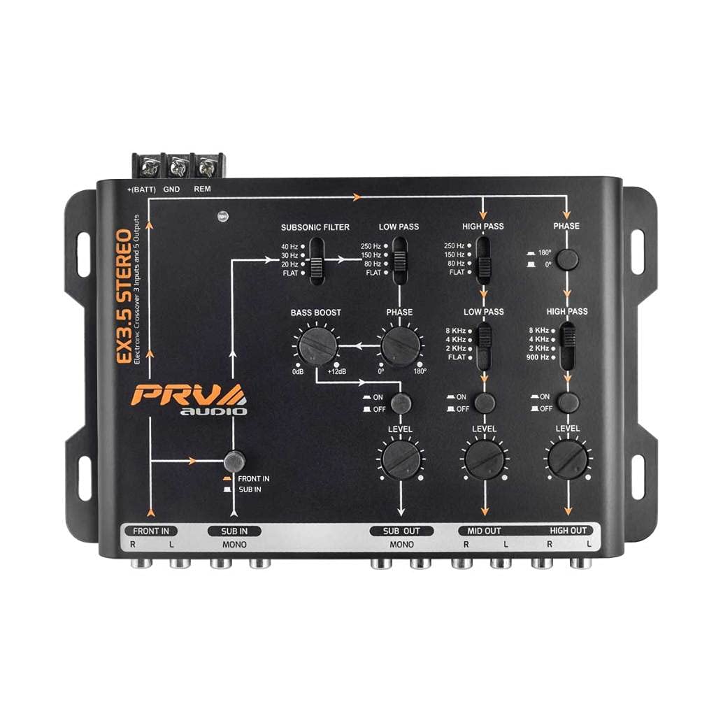 PRV Audio EX3.5 3-Way/2-Way Electronic Crossover - 9V Car Audio Processor with 4 Input & 6 Output RCA Channels for Enhanced Stereo Sound | Perfect for Car Audio Systems, Home Theater Setups & Professional DJ Equipment