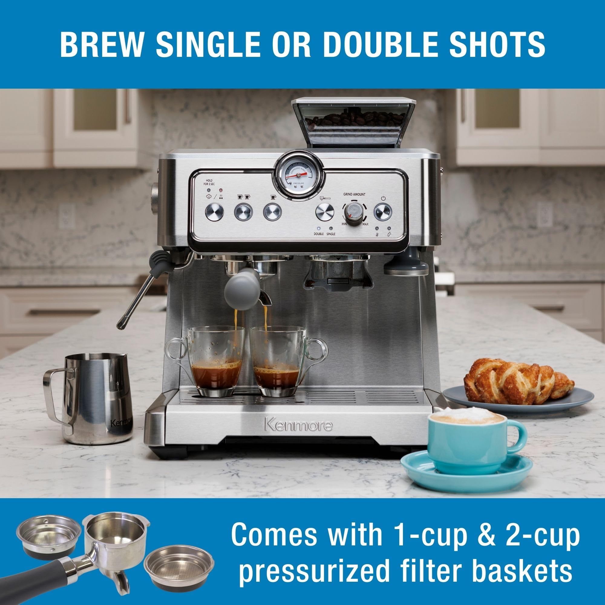Kenmore Semi-Automatic Espresso Machine with Built-in Grinder & Milk Frother - Stainless Steel Coffee Maker for Cappuccino, Latte - Perfect for Home Baristas & Coffee Shops