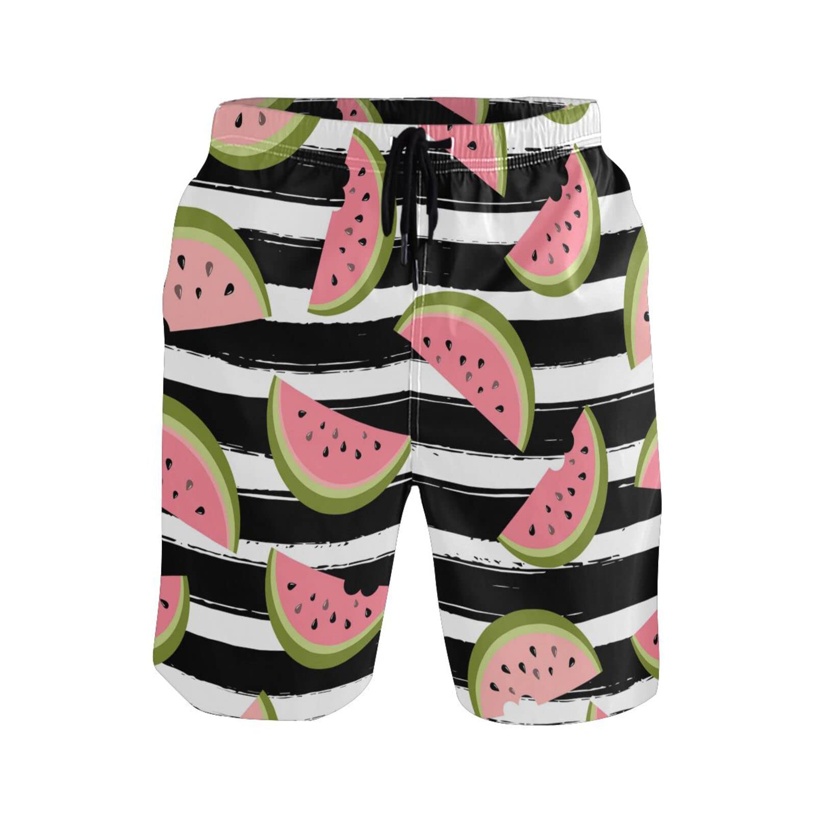 Men's Watermelon Striped Swim Trunks - Beach Shorts with Pockets for Swimming & Surfing