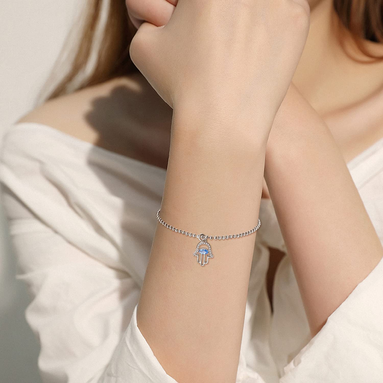925 Sterling Silver Hamsa Evil Eye Bracelet for Women - Handmade Beaded Protection Amulet, Lucky Charm Jewelry Gift for Travel, Meditation & Spiritual Healing