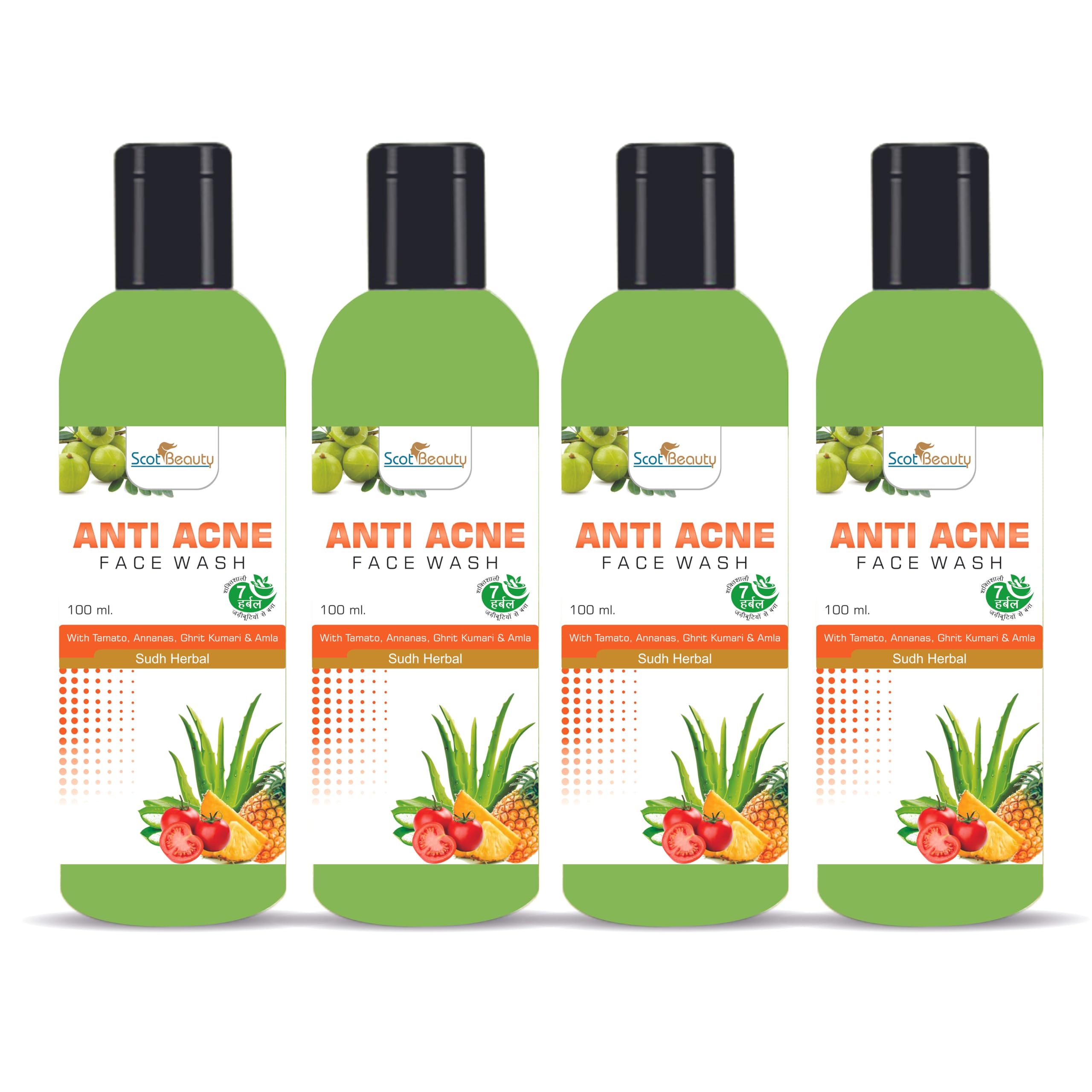 Scotbeauty Anti Acne Face Wash with Tomato, Pineapple, Babool & Ritha - Deep Pore Cleansing, Paraben Free Facial Cleanser for Women & Men (100ml, Pack of 4) | Perfect for Daily Skincare Routine & Acne-Prone Skin