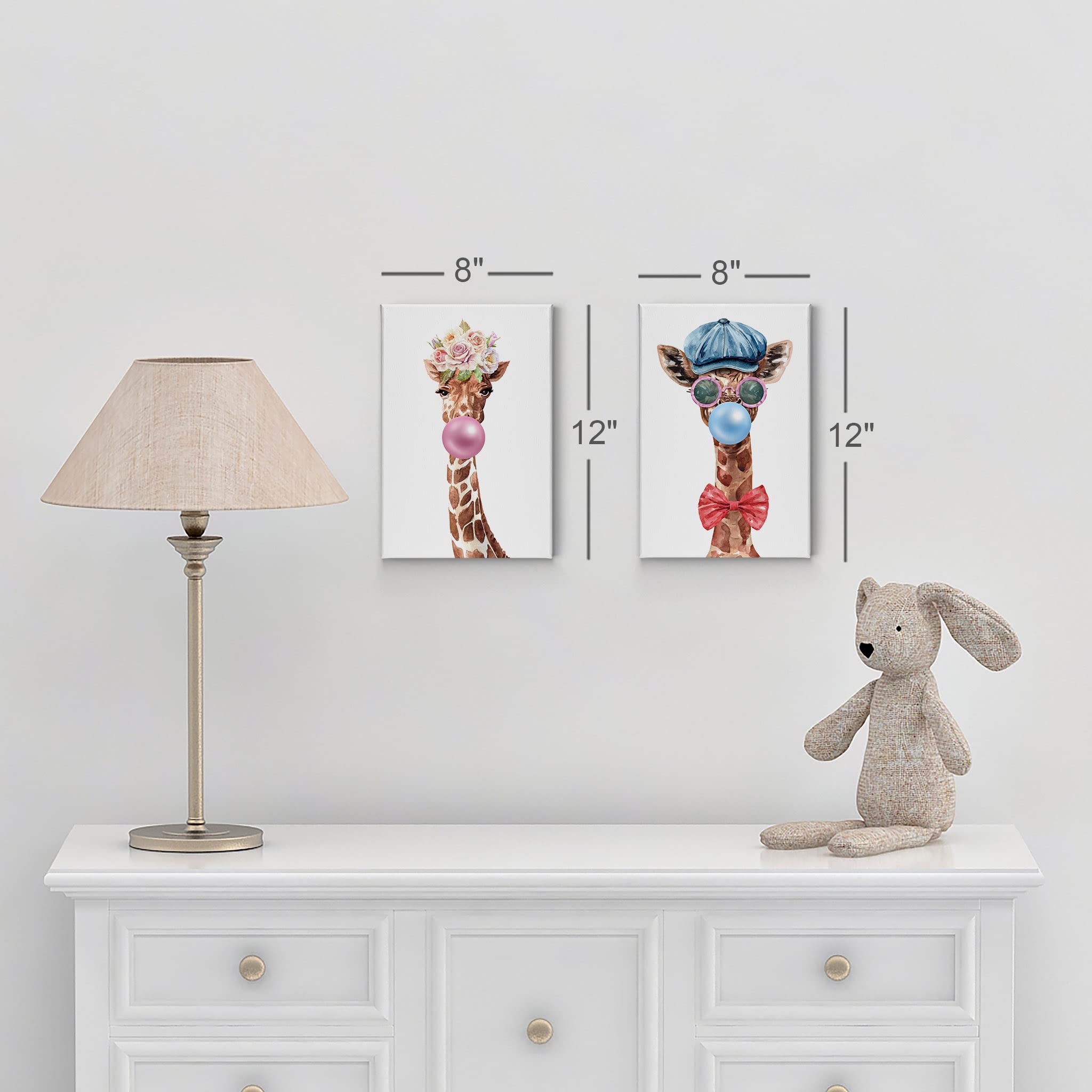 Giraffe Portrait Canvas Print Set - 2 Panel Animal Wall Art with Flower Crown, Hat & Bubble Gum, Perfect for Living Room, Bedroom, Nursery & Kids Room Decor (22x15 Inches)