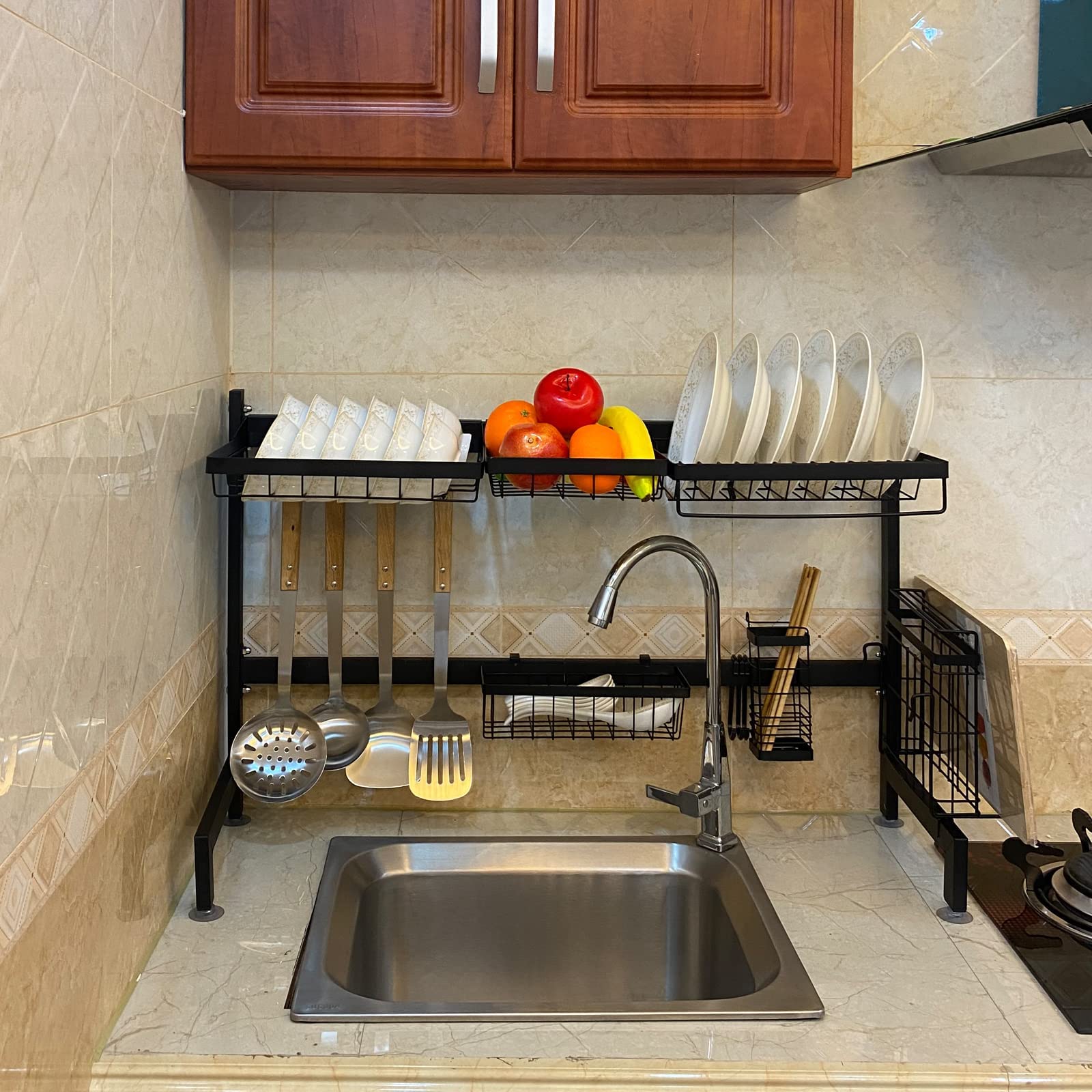E&F Stainless Steel Dish Drying Rack Over The Sink - 33x11x21 Inch Kitchen Organizer with Utensil Holder | Perfect for Small Spaces, Apartment Living & Efficient Dish Drying