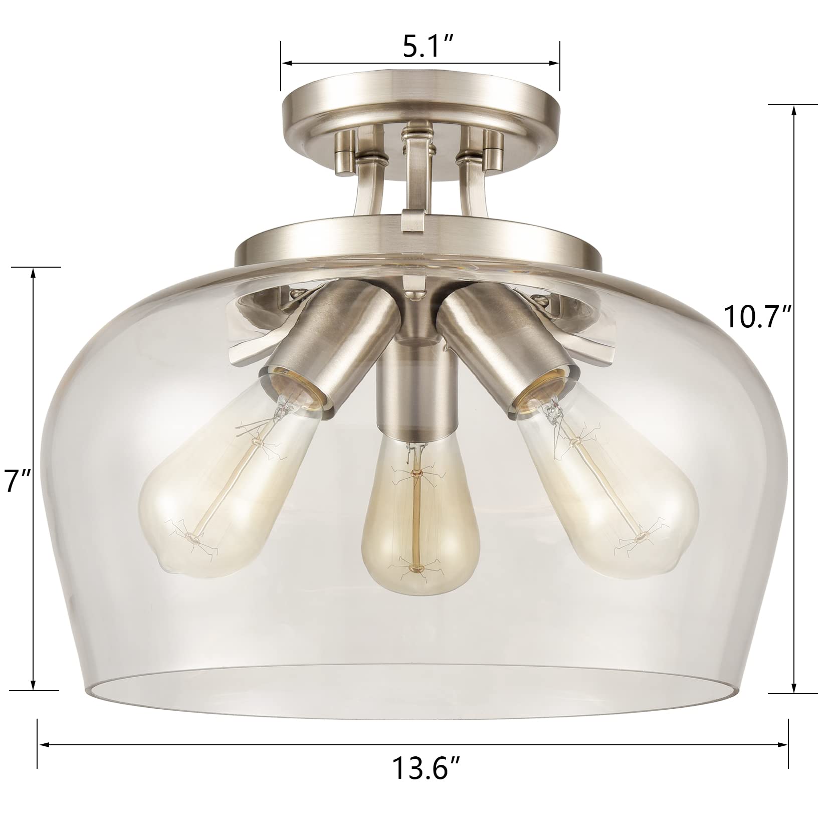 13.6-Inch Brushed Nickel Semi Flush Mount Ceiling Light Fixture - Modern 3-Light Clear Glass Design for Hallway, Bedroom, Bathroom & Living Room - Perfect for Ambient Lighting in Homes, Apartments and Offices